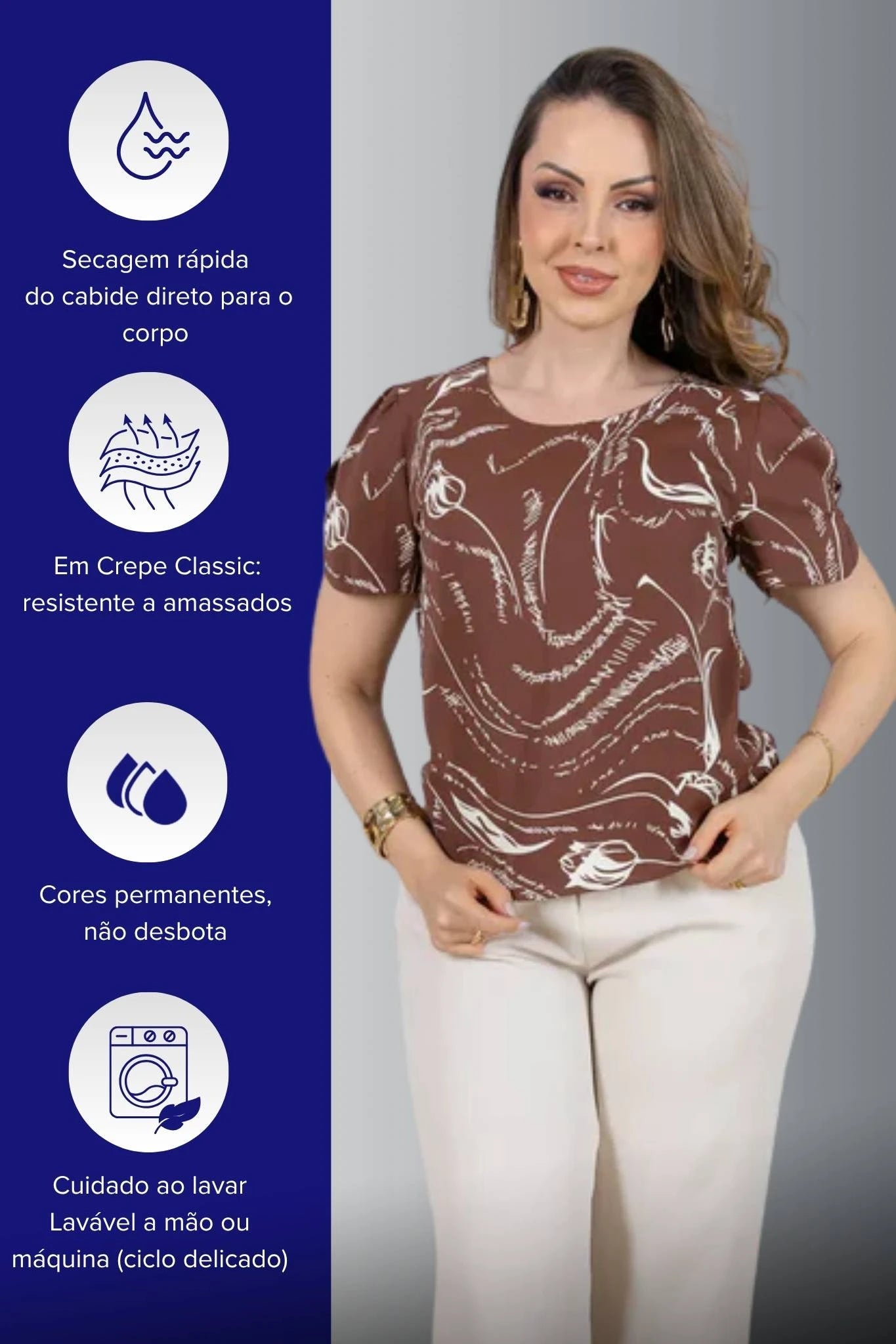 Blusa Manga Curta com Detalhe em Botão Crepe Classic Estampada Jade Marrom