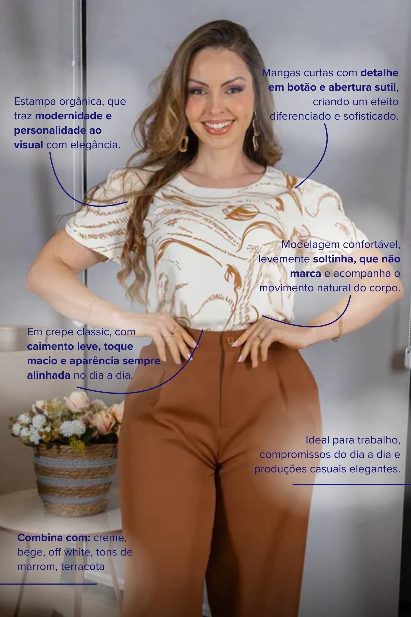 Blusa Manga Curta com Detalhe em Botão Crepe Classic Estampada Jade Bege