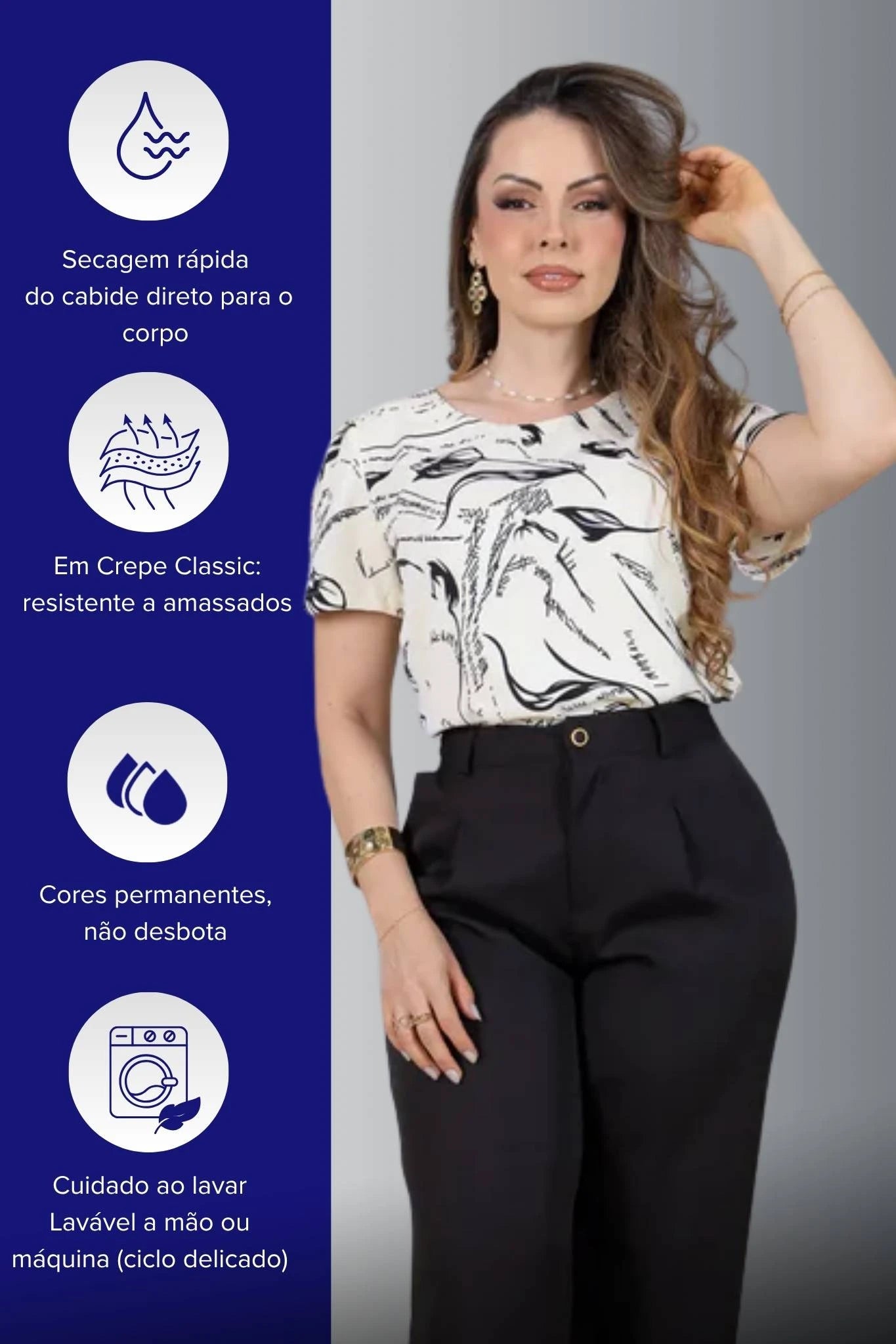 Blusa Manga Curta com Detalhe em Botão Crepe Classic Estampada Jade Creme