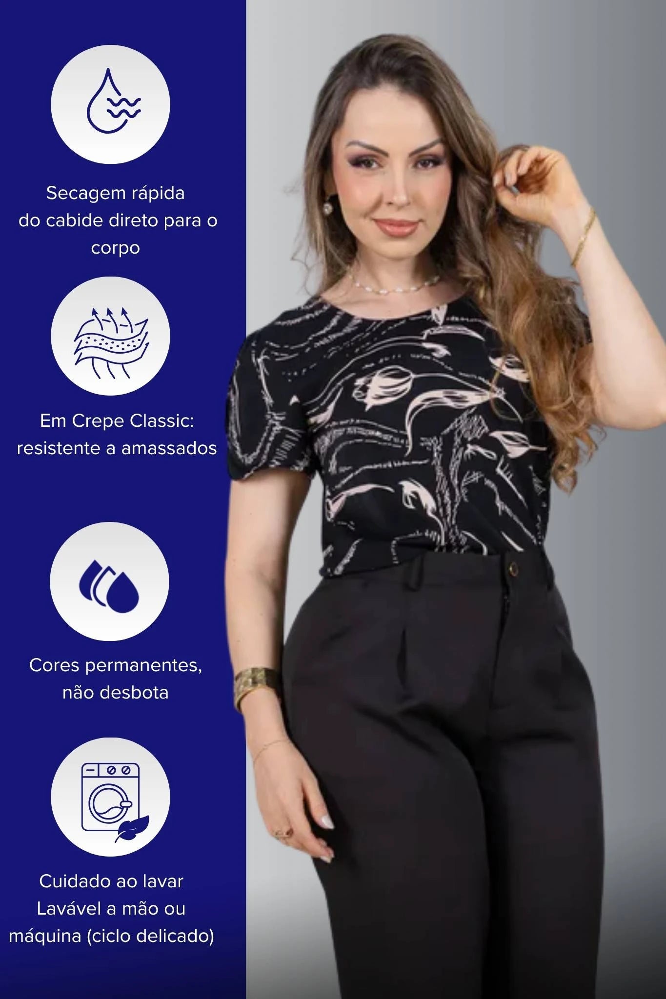 Blusa Manga Curta com Detalhe em Botão Crepe Classic Estampada Jade Preta