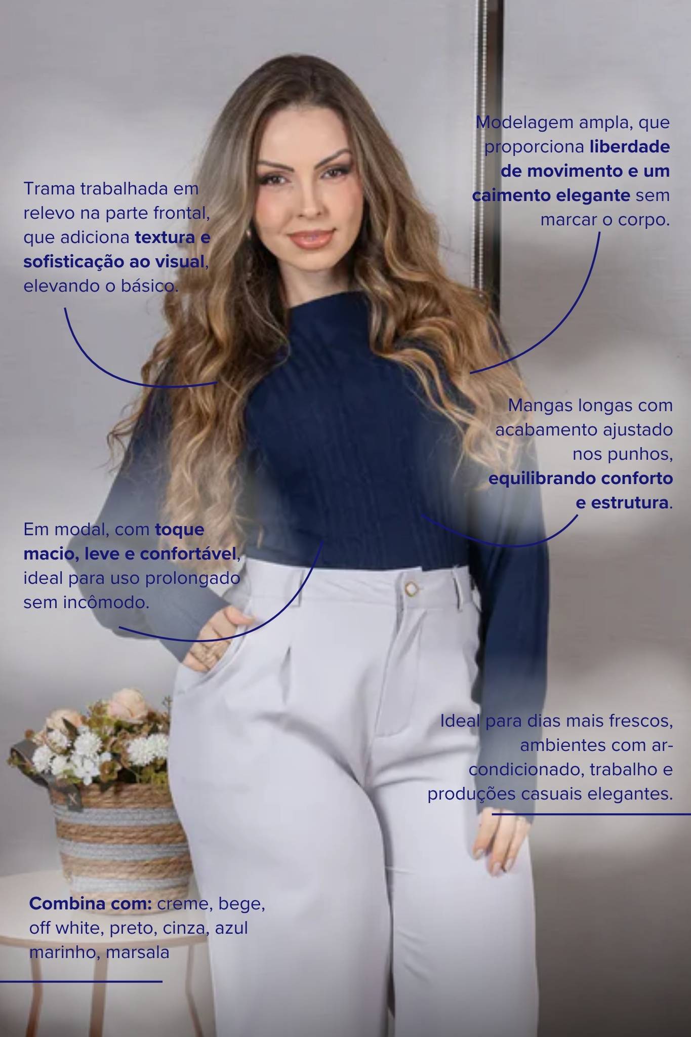 Tricot Manga Longa Ampla em Modal Jessica Azul Marinho
