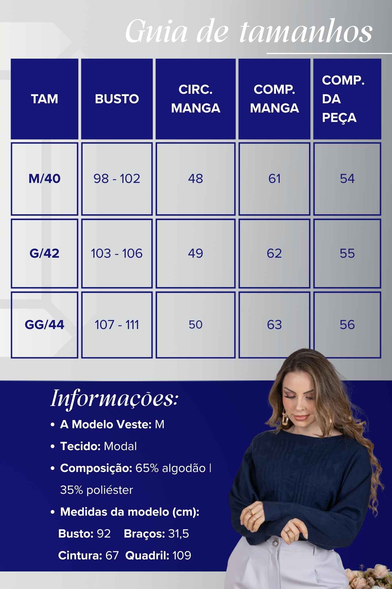 Tricot Manga Longa Ampla em Modal Jessica Azul Marinho