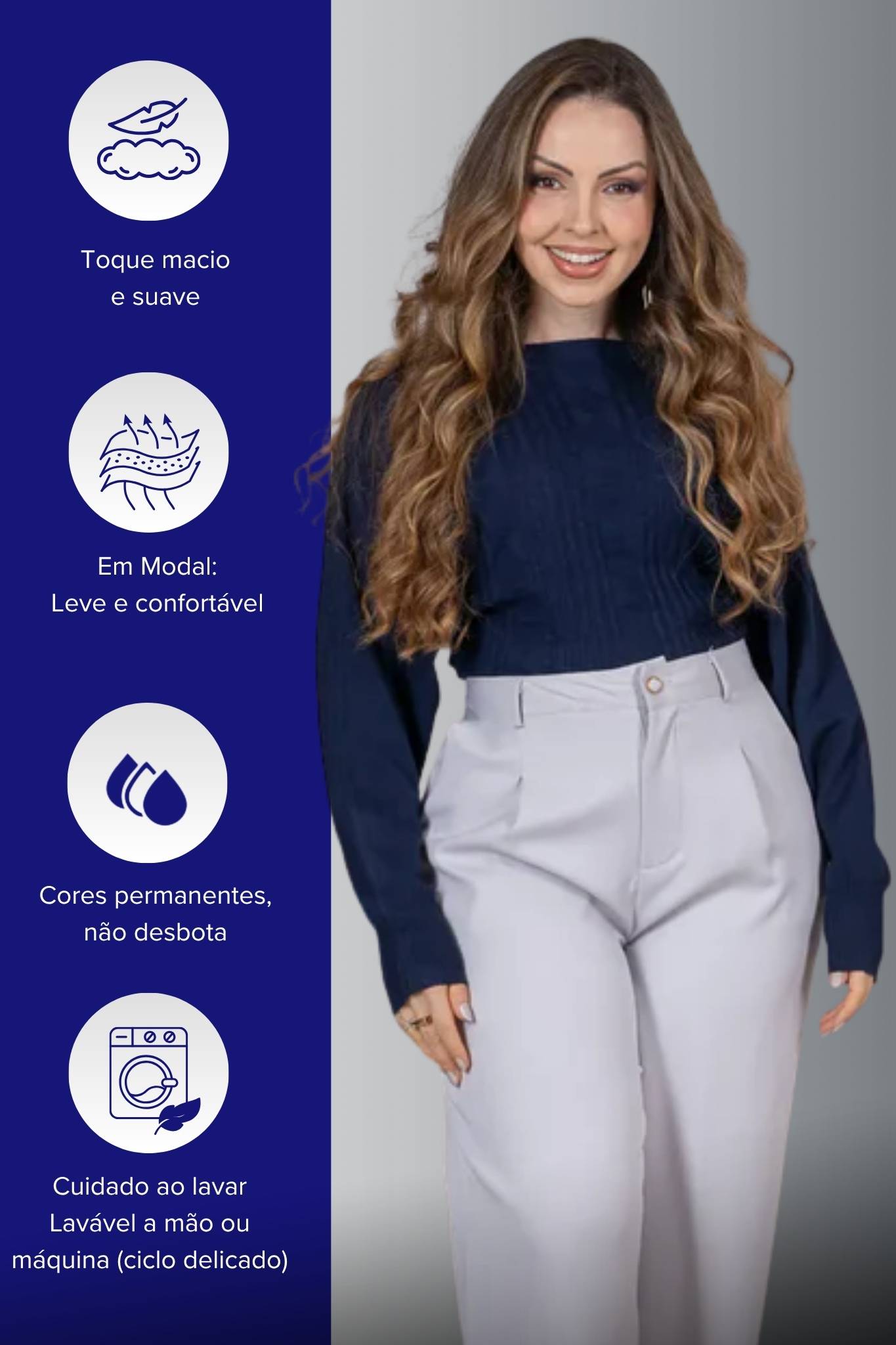 Tricot Manga Longa Ampla em Modal Jessica Azul Marinho