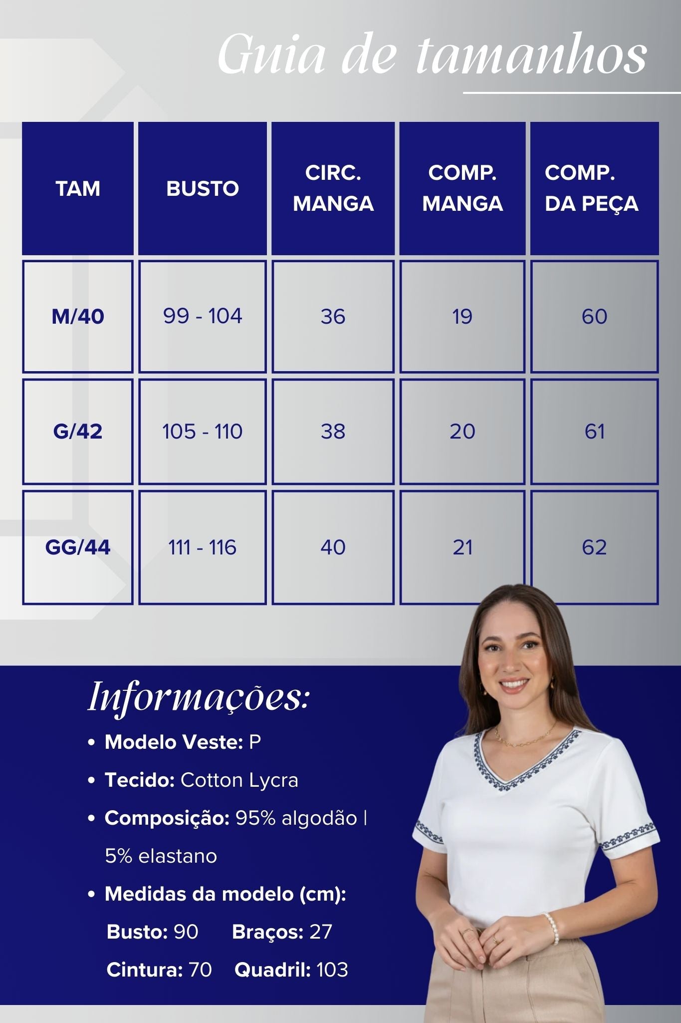 Blusa Manga Curta Decote em "V" Cotton Lycra Detalhes Bordados Jéssica Branca