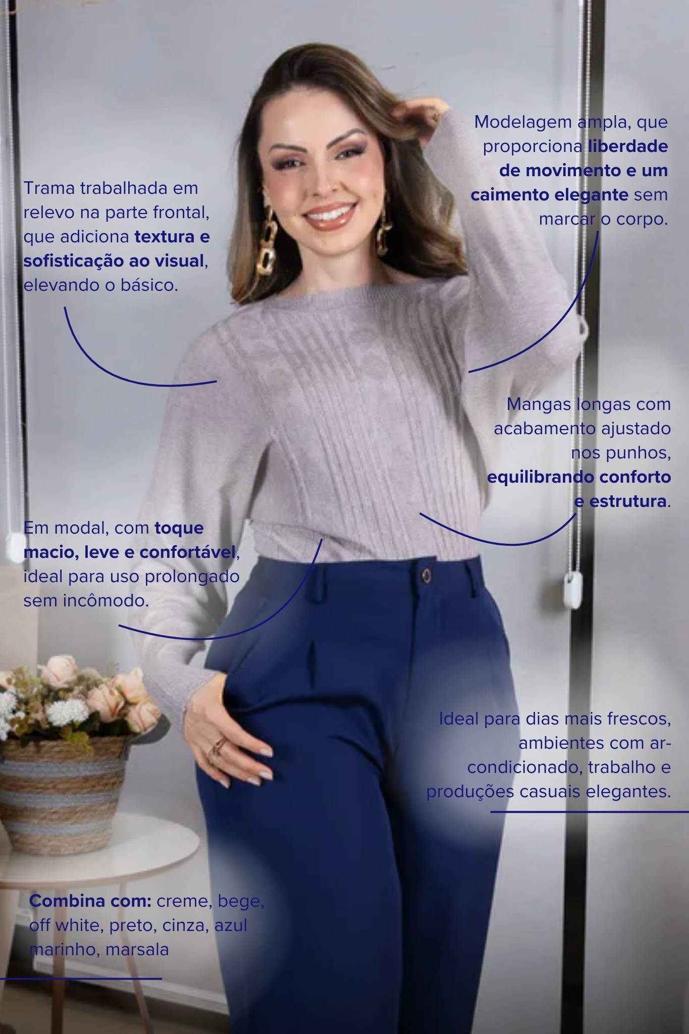 Tricot Manga Longa Ampla em Modal Jessica Cinza