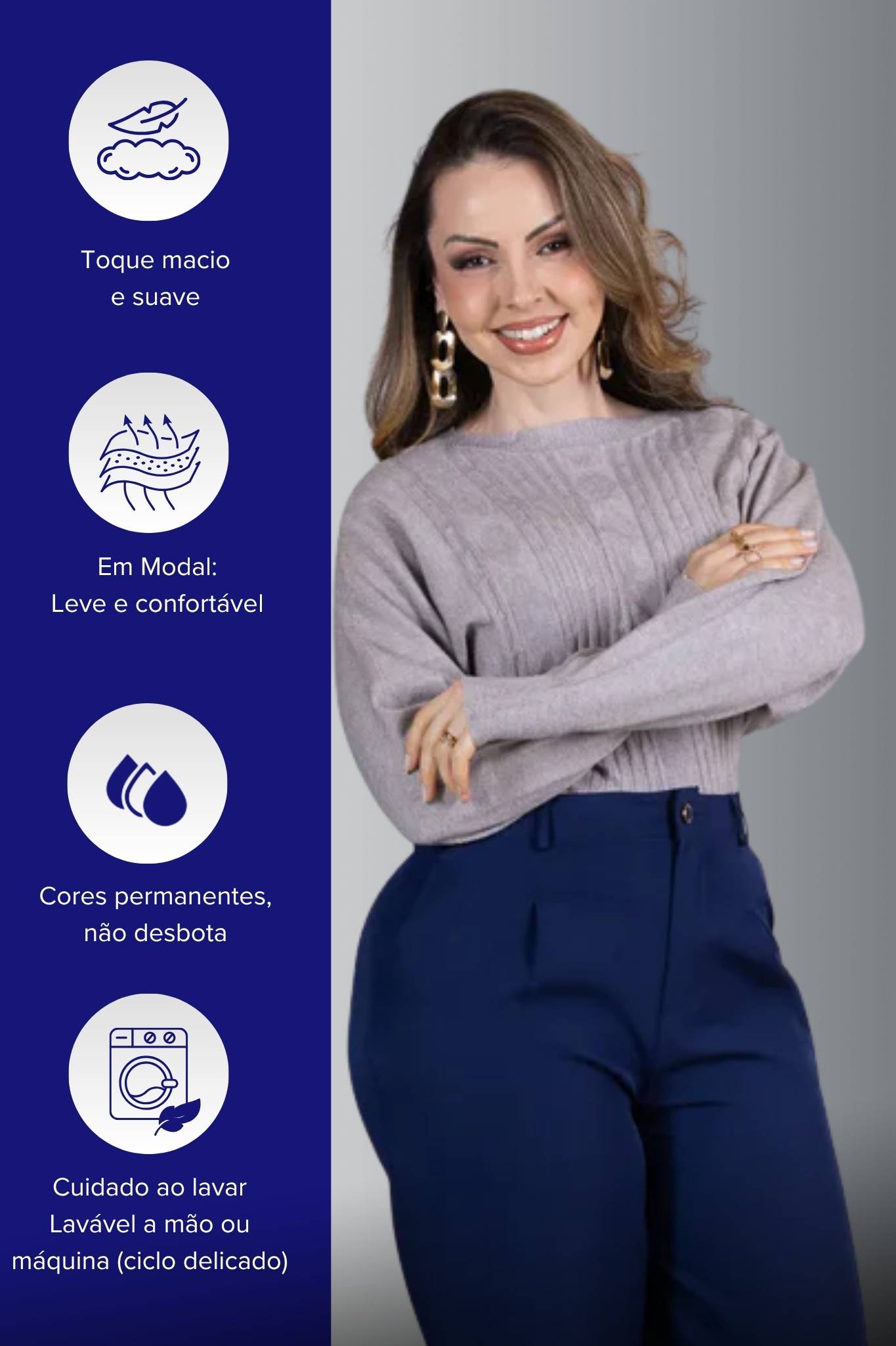 Tricot Manga Longa Ampla em Modal Jessica Cinza