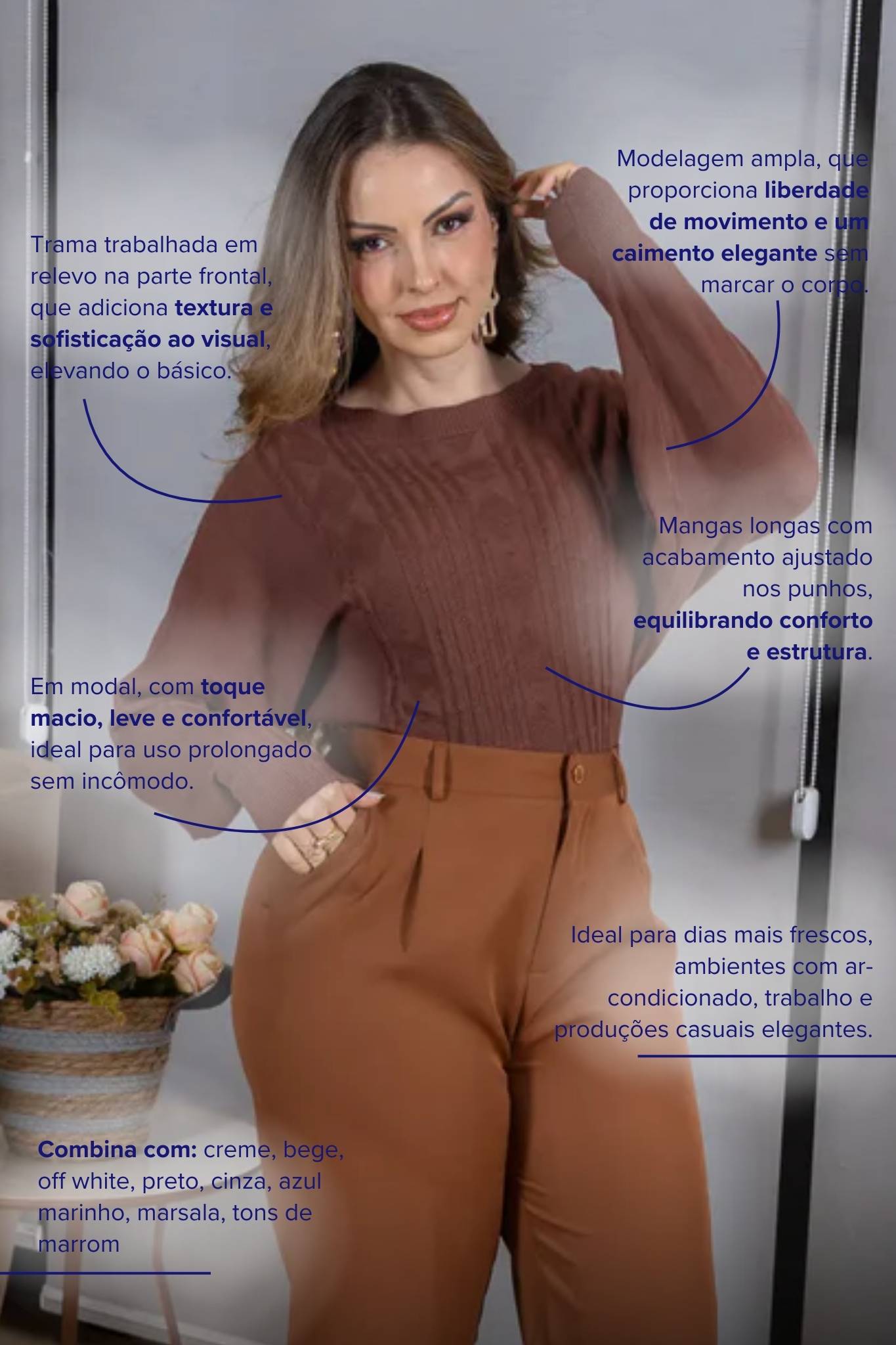 Tricot Manga Longa Ampla em Modal Jessica Marrom