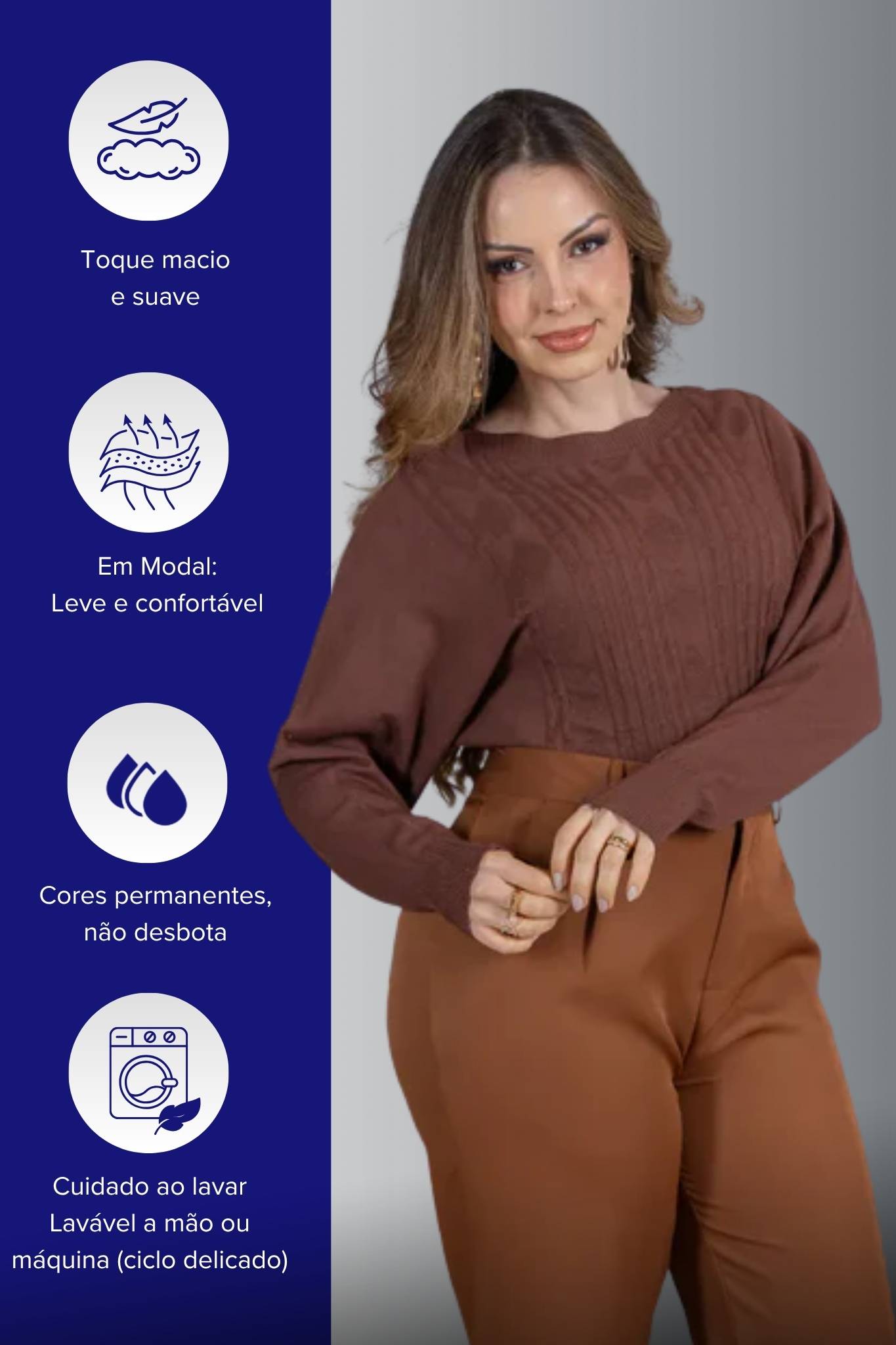 Tricot Manga Longa Ampla em Modal Jessica Marrom