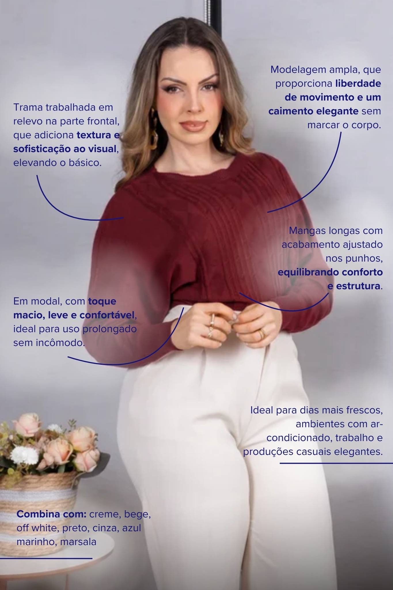 Tricot Manga Longa Ampla em Modal Jessica Bordô