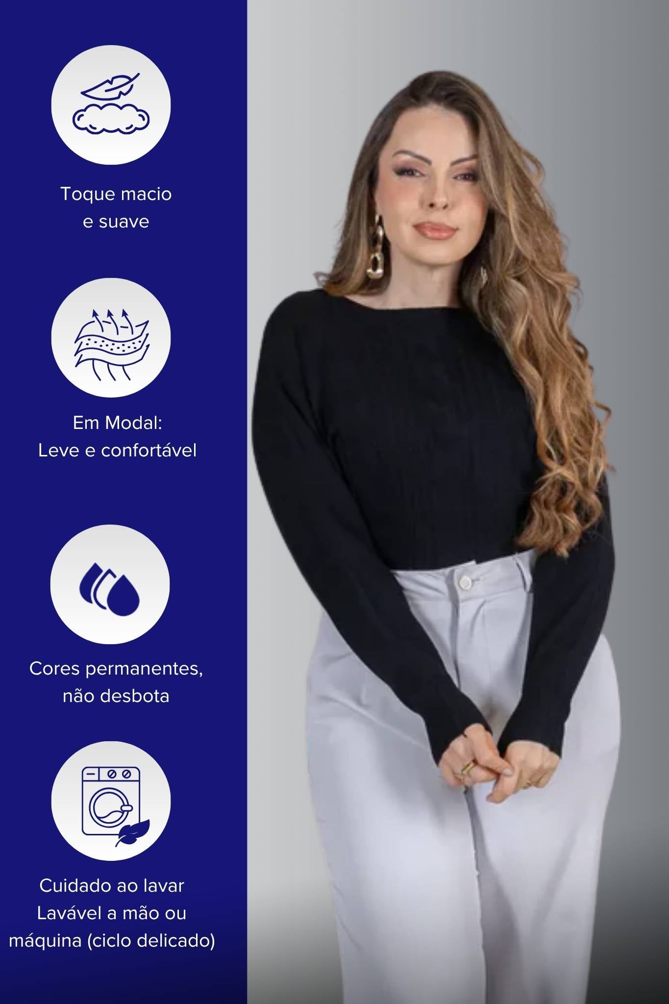 Tricot Manga Longa Ampla em Modal Jessica Preto
