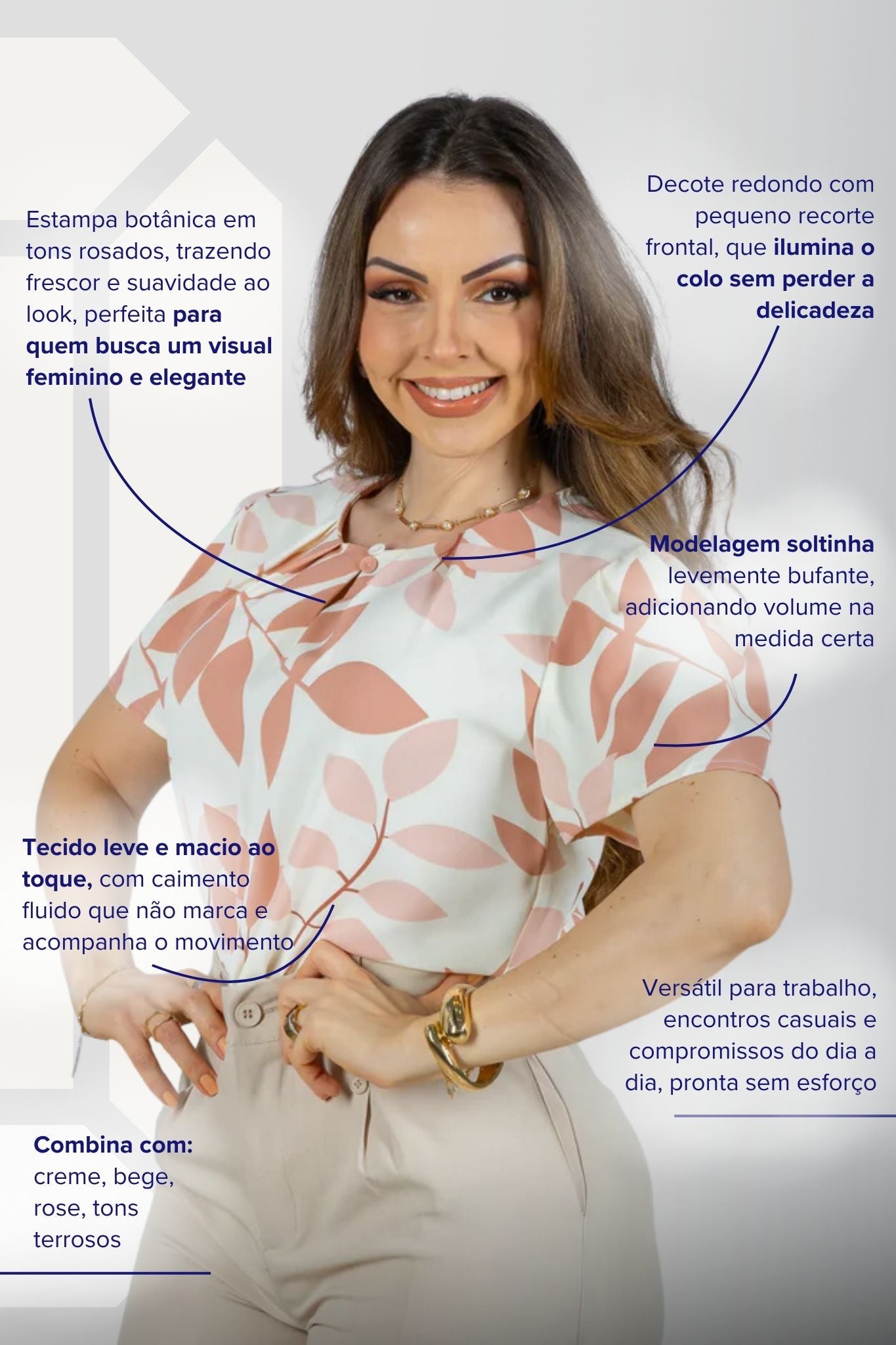 Blusa Manga Curta Estampada Folhagem Crepe Classic Joelma Rose