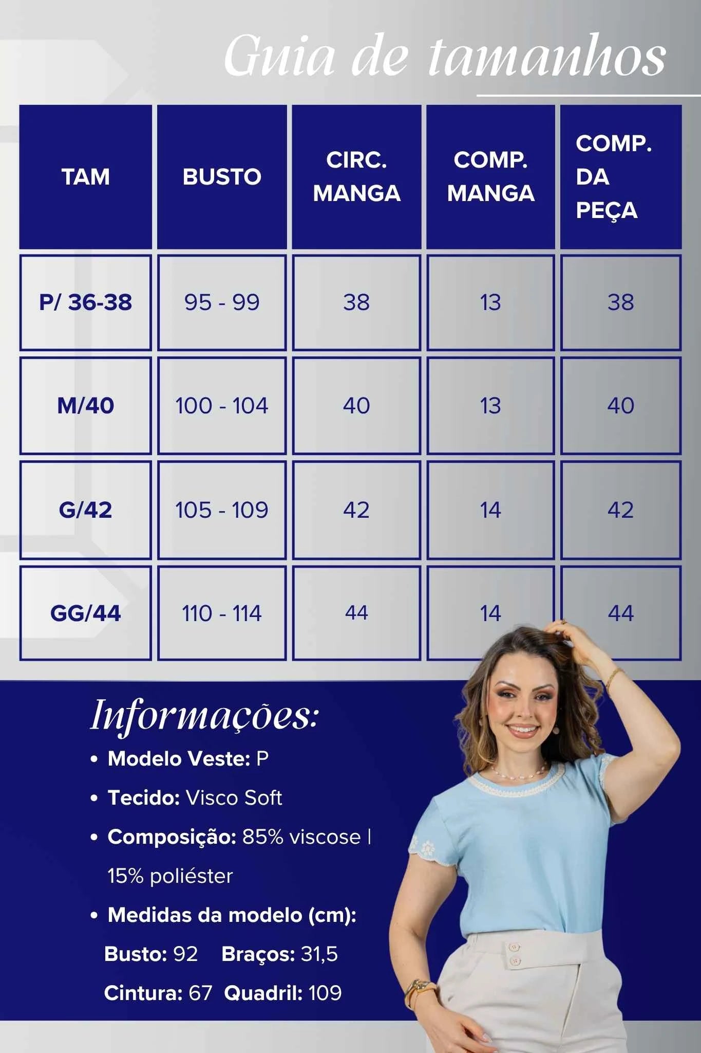 Blusa Manga Curta em Visco Soft com Detalhes Delicados Karina Azul