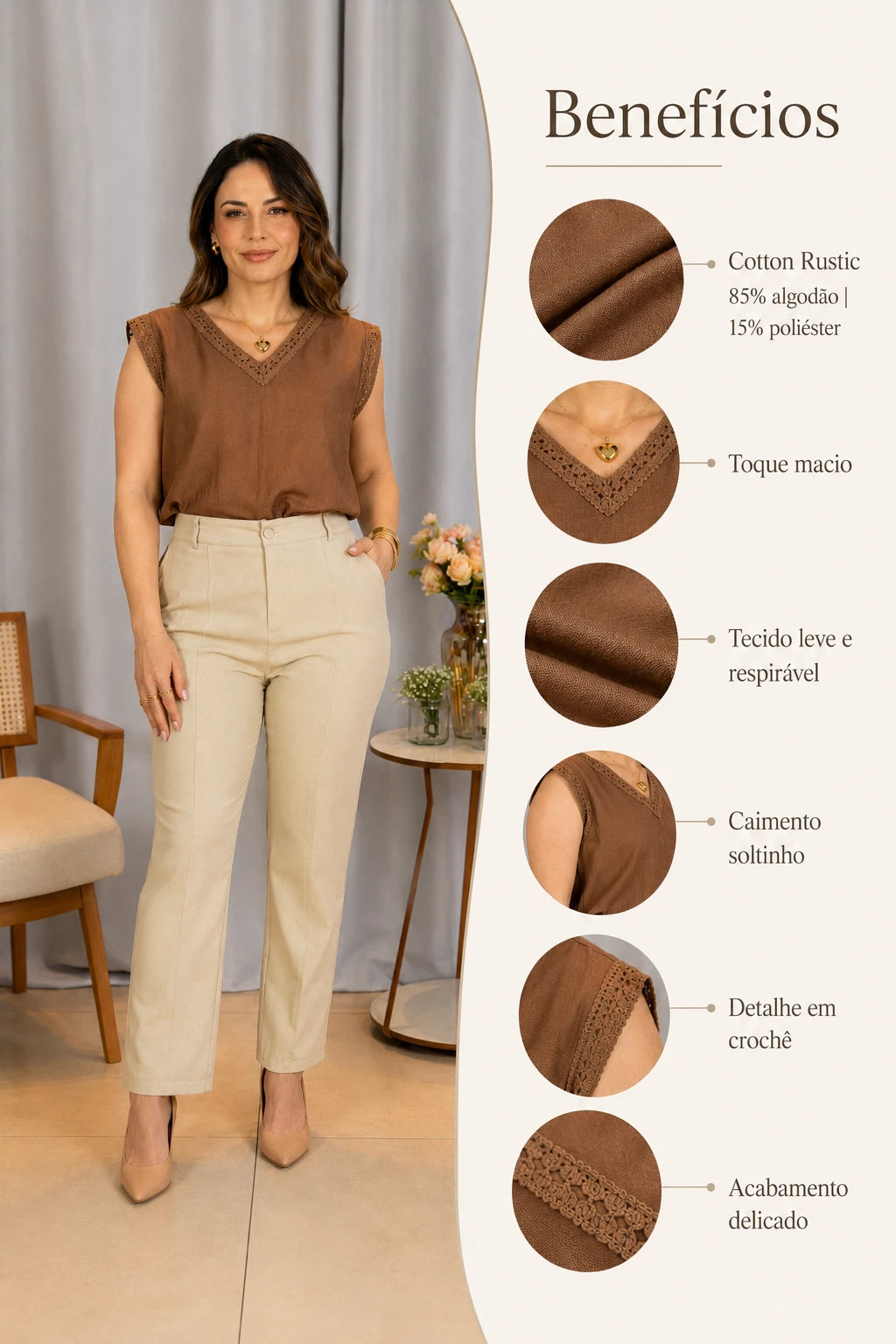 Blusa Regata Respirável com Decote Bordado Larissa Marrom