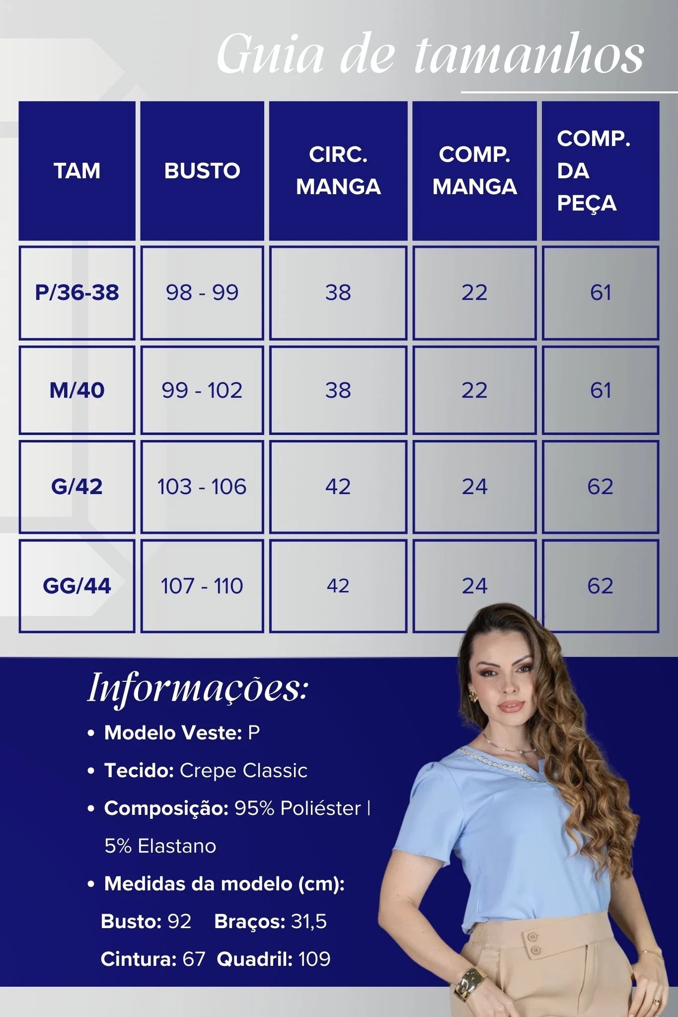 Blusa Manga Curta em Crepe Classic com Decote em "V" e Bordados no Colo Laura Azul