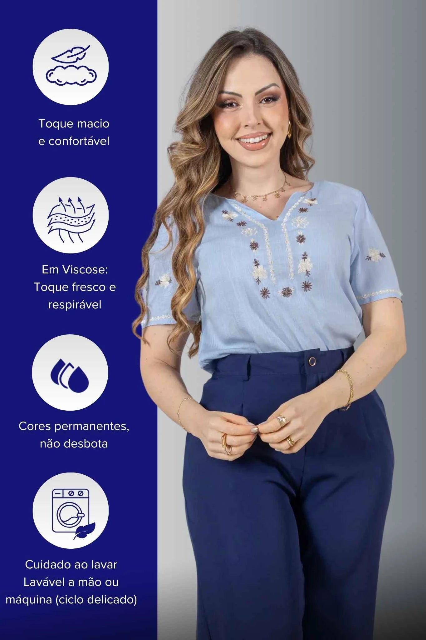 Blusa Manga Curta Decote em 'V' em Viscose com Acabamento Bordado Liara Azul