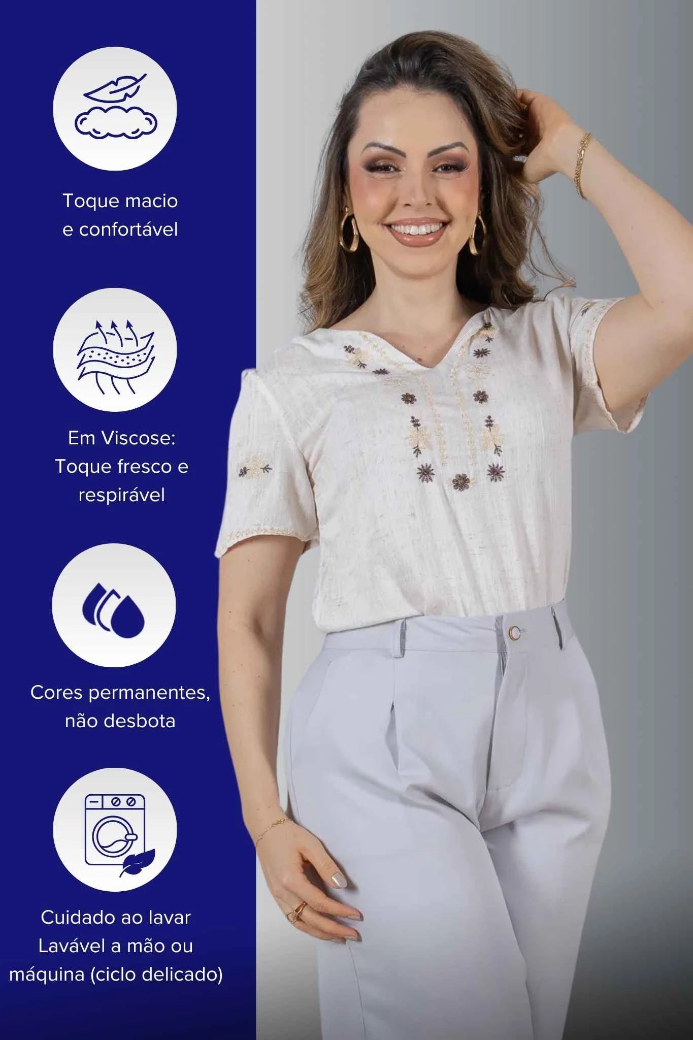 Blusa Manga Curta Decote em 'V' em Viscose com Acabamento Bordado Liara Off White