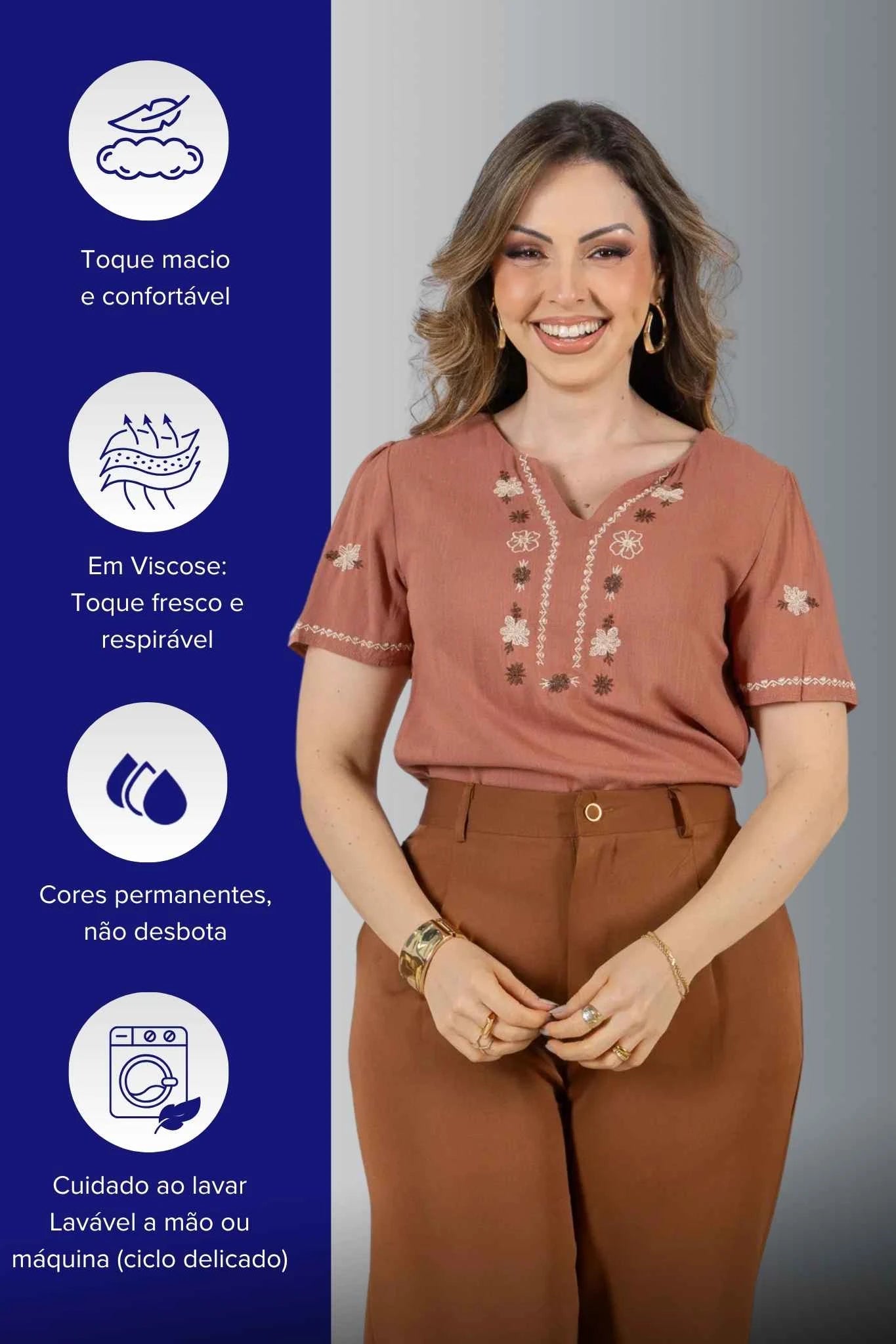 Blusa Manga Curta Decote em 'V' em Viscose com Acabamento Bordado Liara Terracota