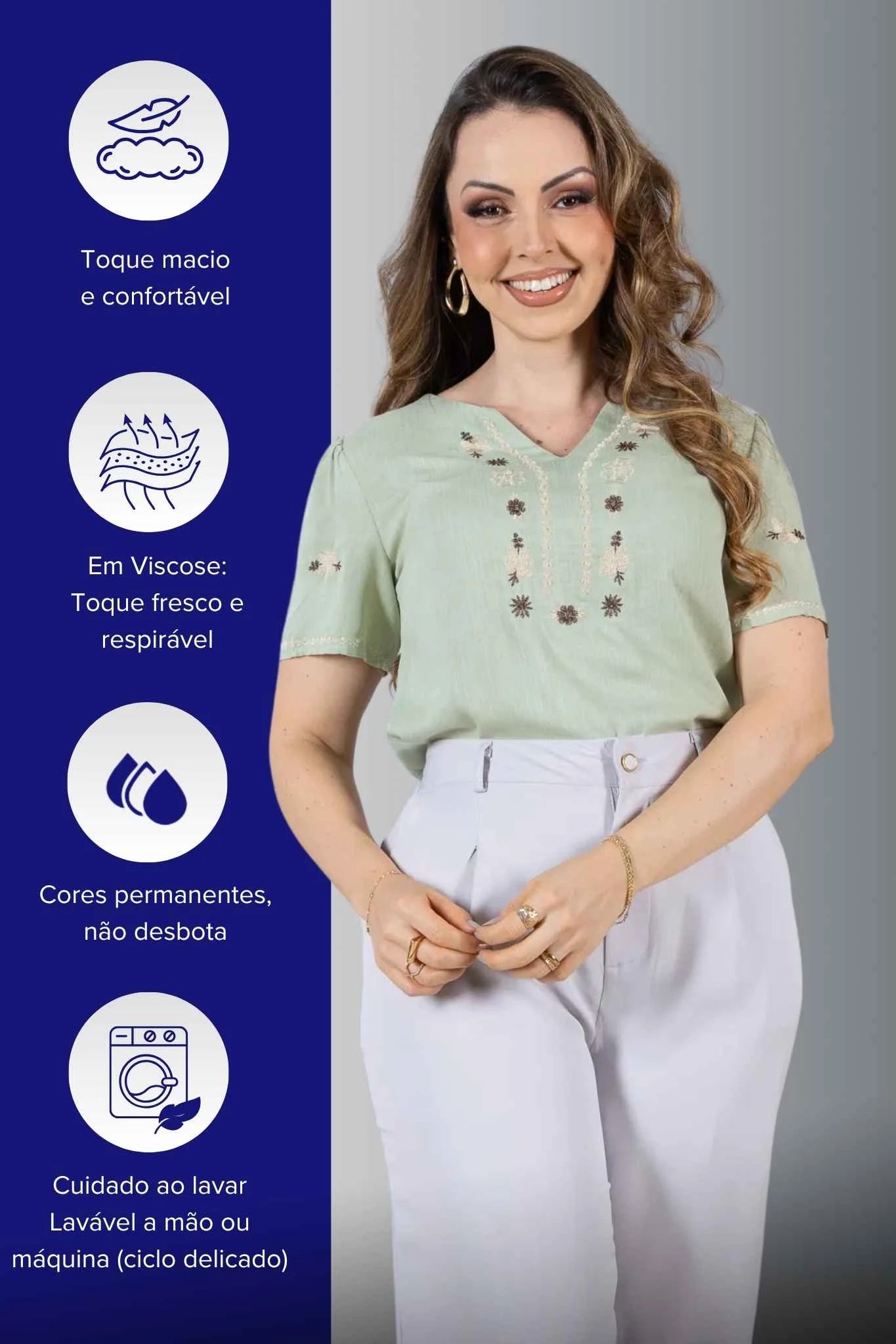 Blusa Manga Curta Decote em 'V' em Viscose com Acabamento Bordado Liara Verde