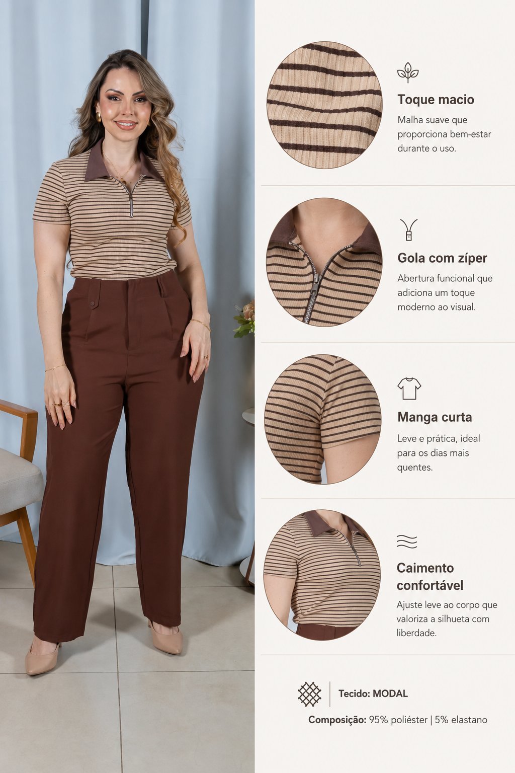 Blusa Modal Listrada com Gola Camisa Melinda Marrom