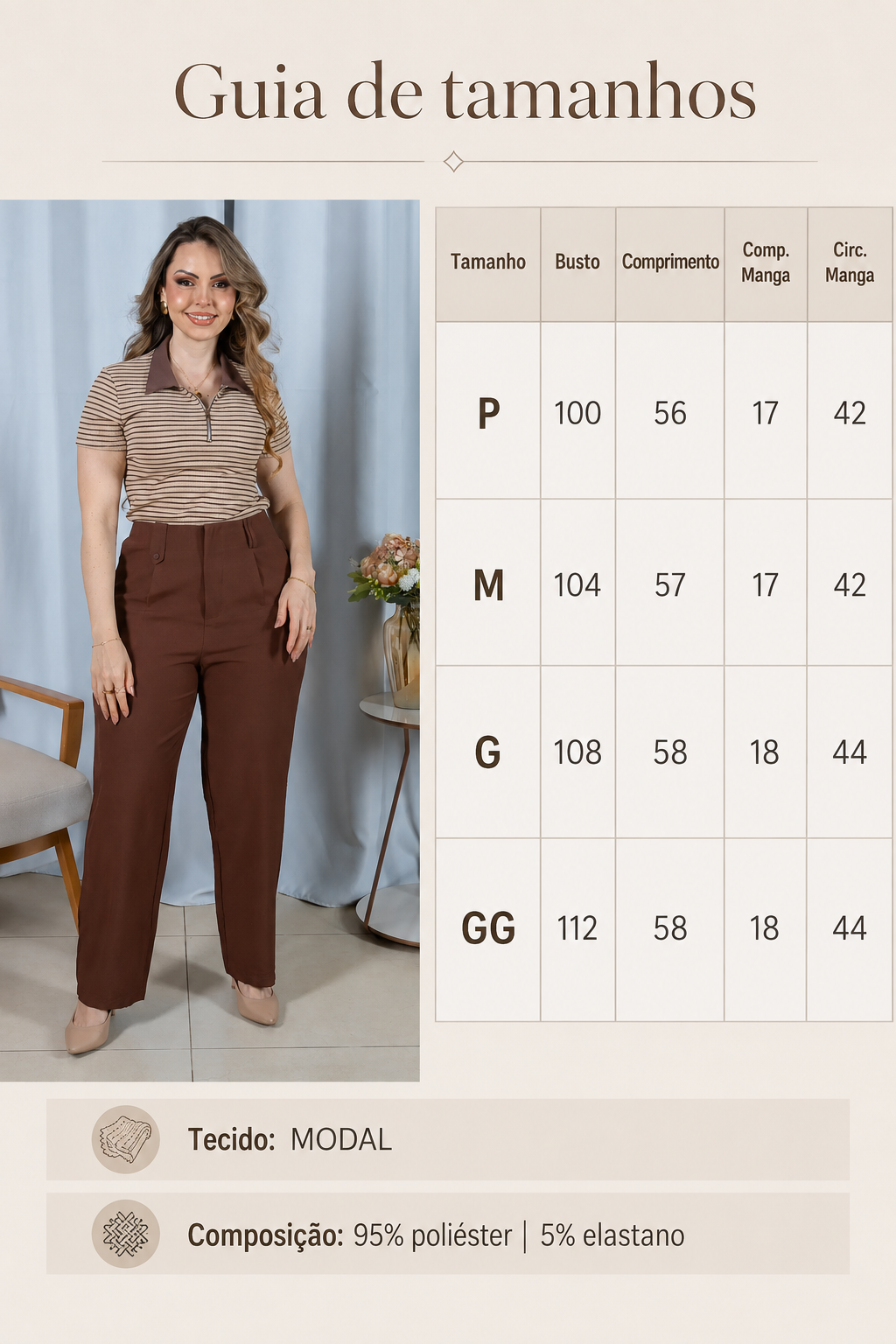 Blusa Modal Listrada com Gola Camisa Melinda Marrom