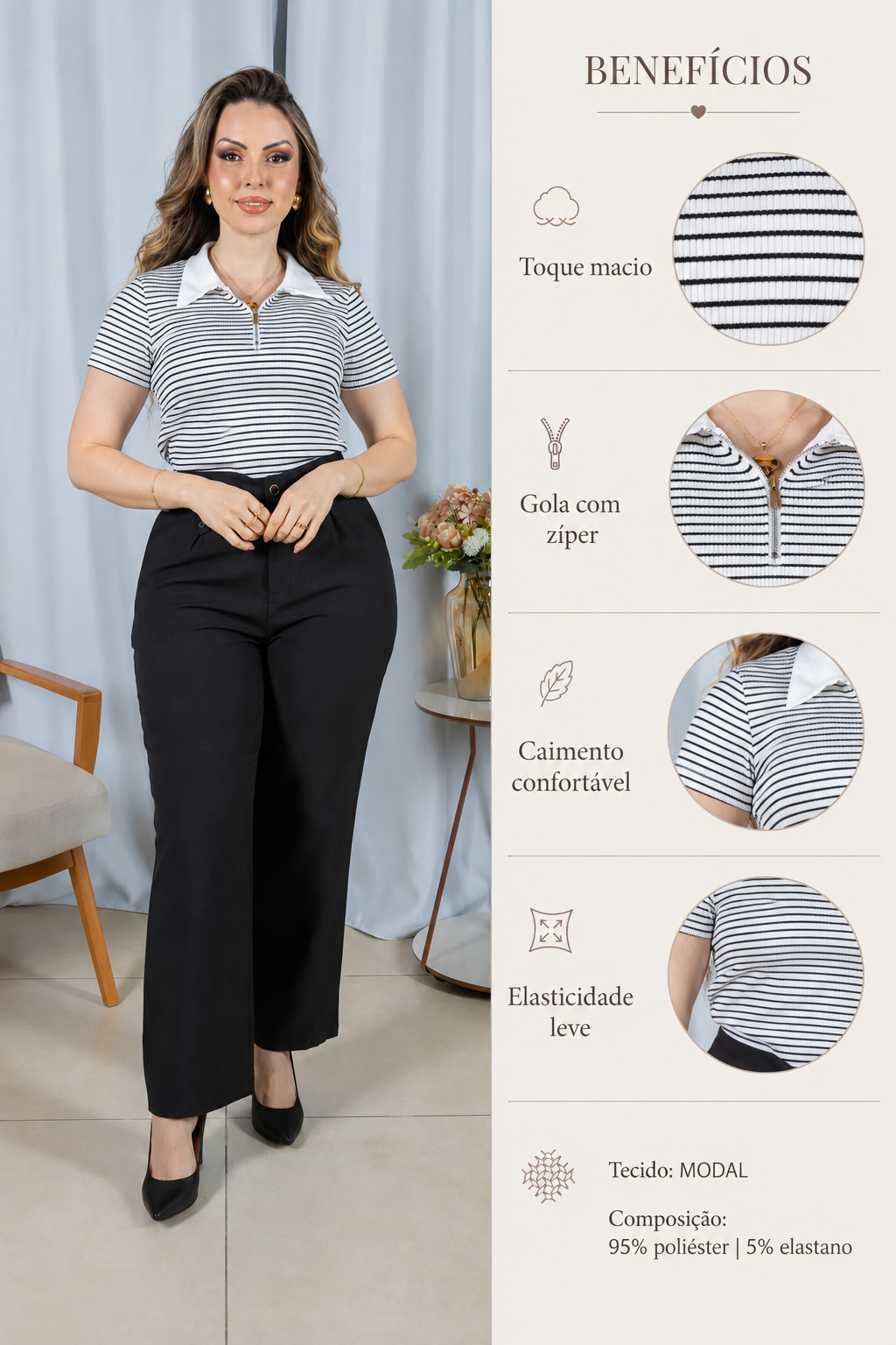 Blusa Modal Listrada com Gola Camisa Melinda Branca