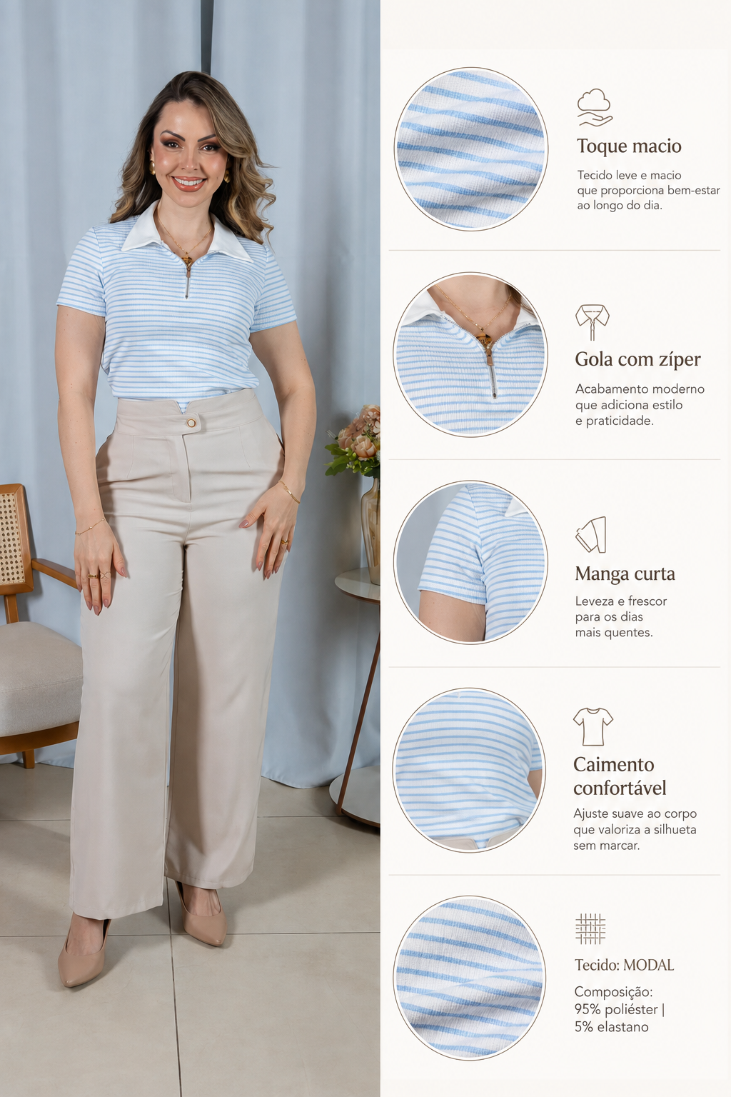 Blusa Modal Listrada com Gola Camisa Melinda Azul