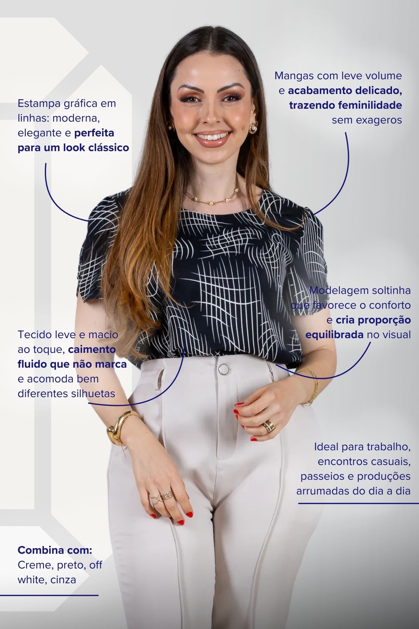 Blusa Manga Curta Botões Crepe Classic Magda Estampada Preta