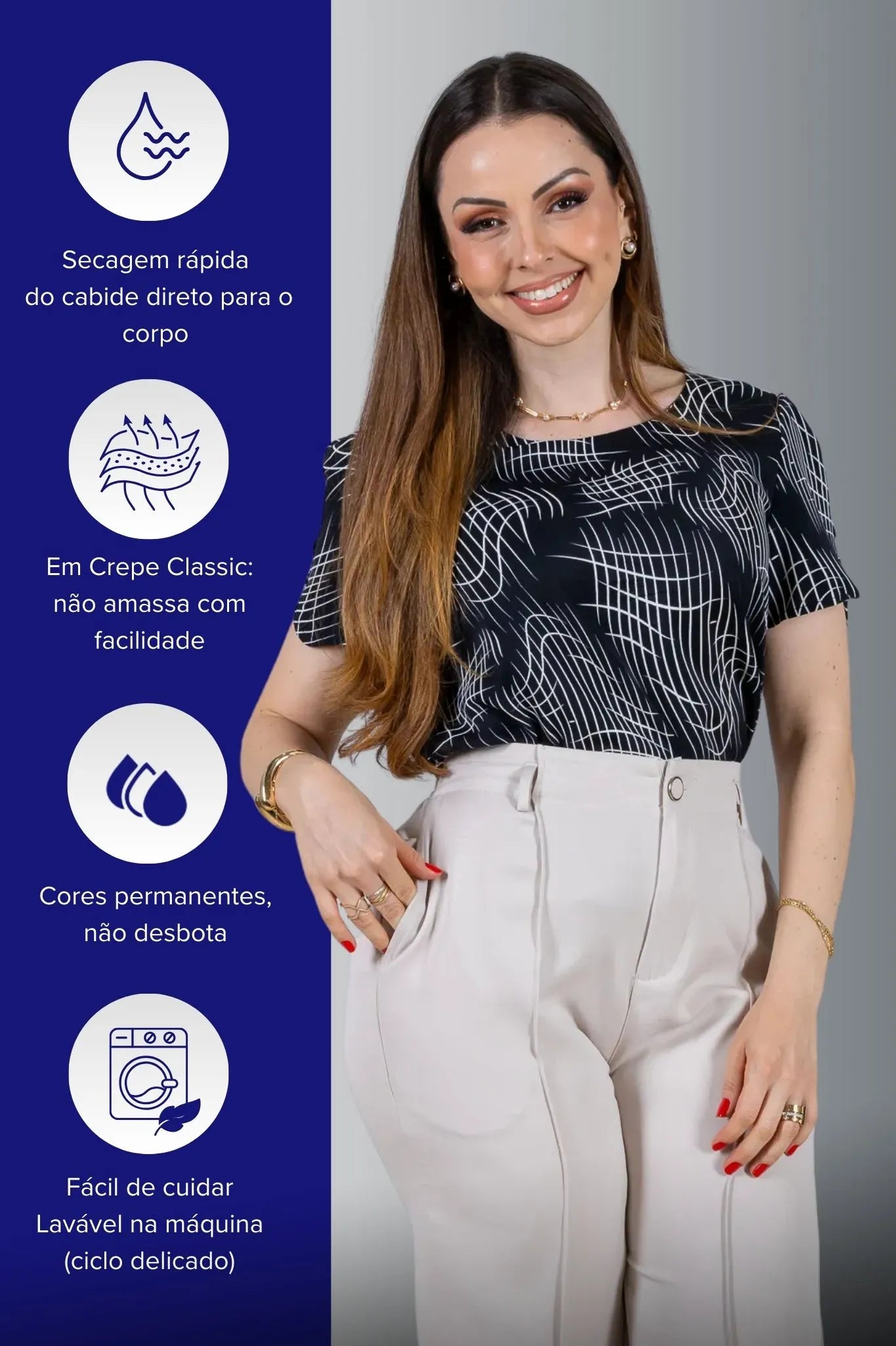 Blusa Manga Curta Botões Crepe Classic Magda Estampada Preta