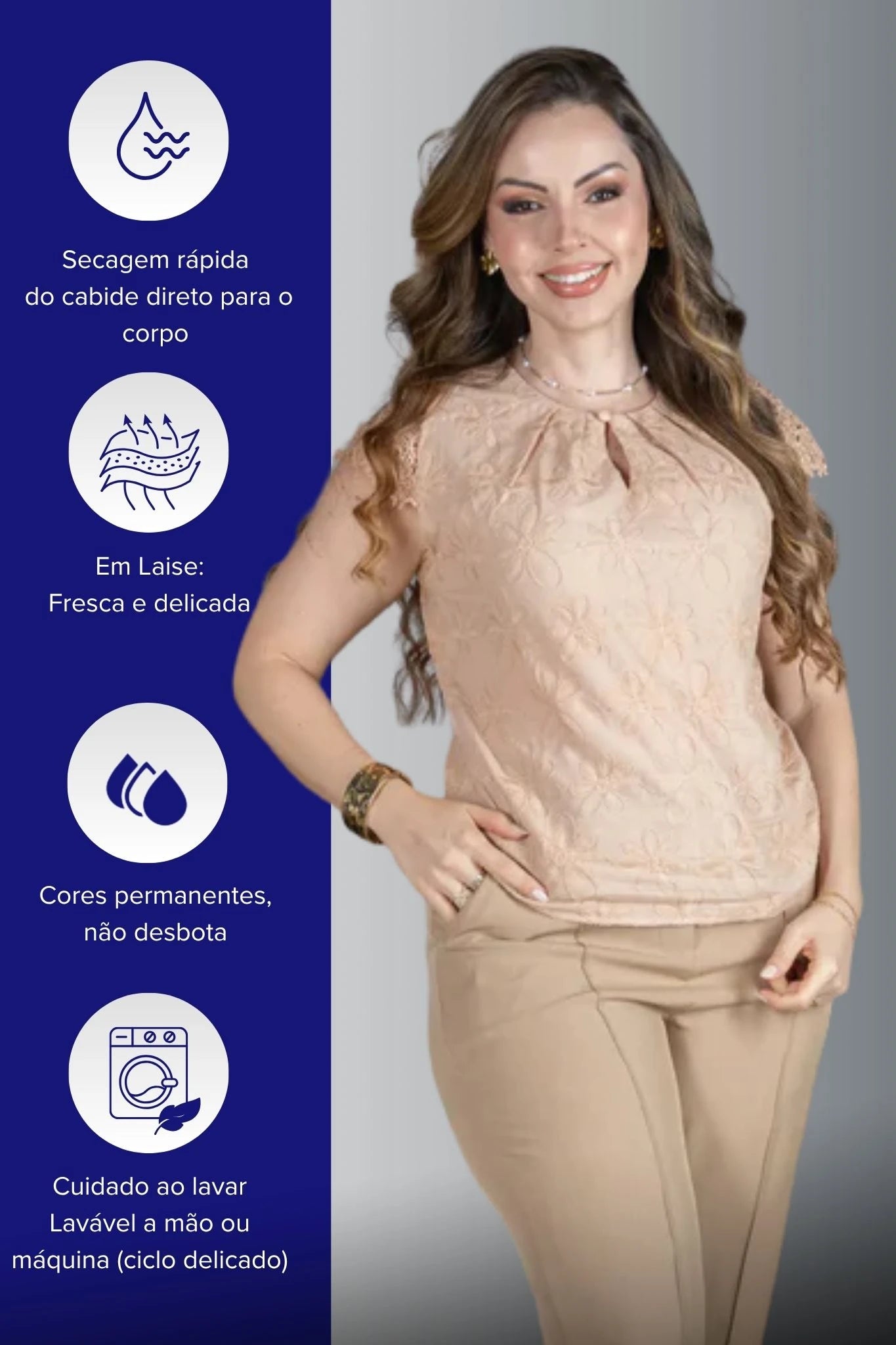 Blusa Manga Curta em Laise com Detalhe em Renda Manuela Bege