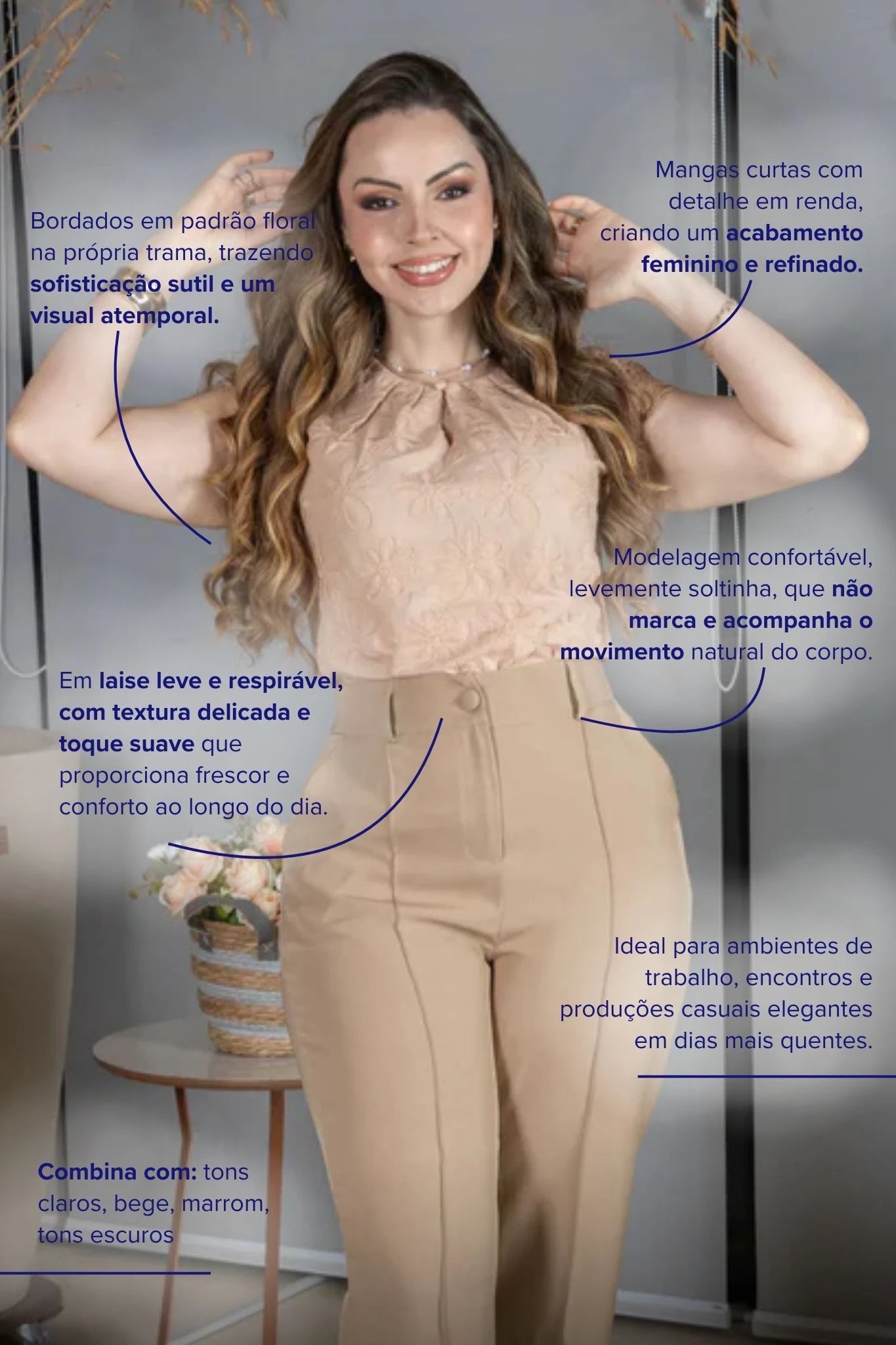 Blusa Manga Curta em Laise com Detalhe em Renda Manuela Bege