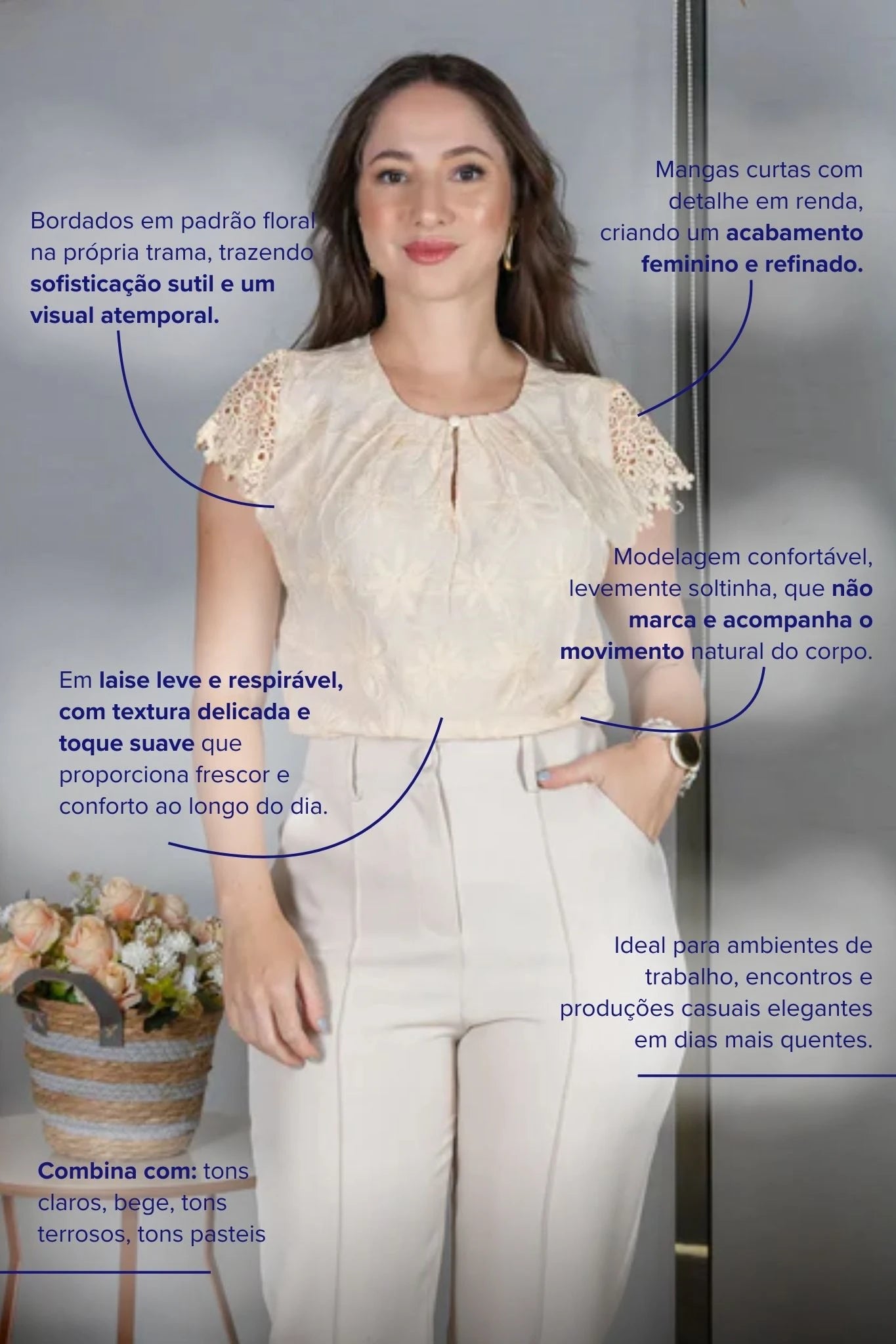 Blusa Manga Curta em Laise com Detalhe em Renda Manuela Creme