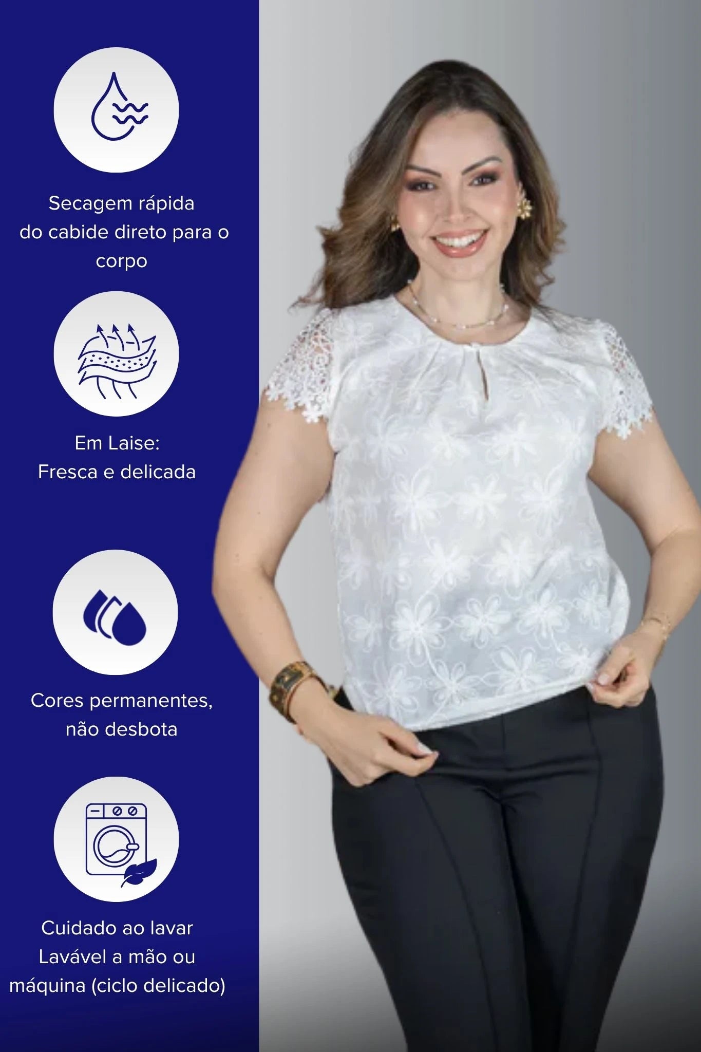 Blusa Manga Curta em Laise com Detalhe em Renda Manuela Branca