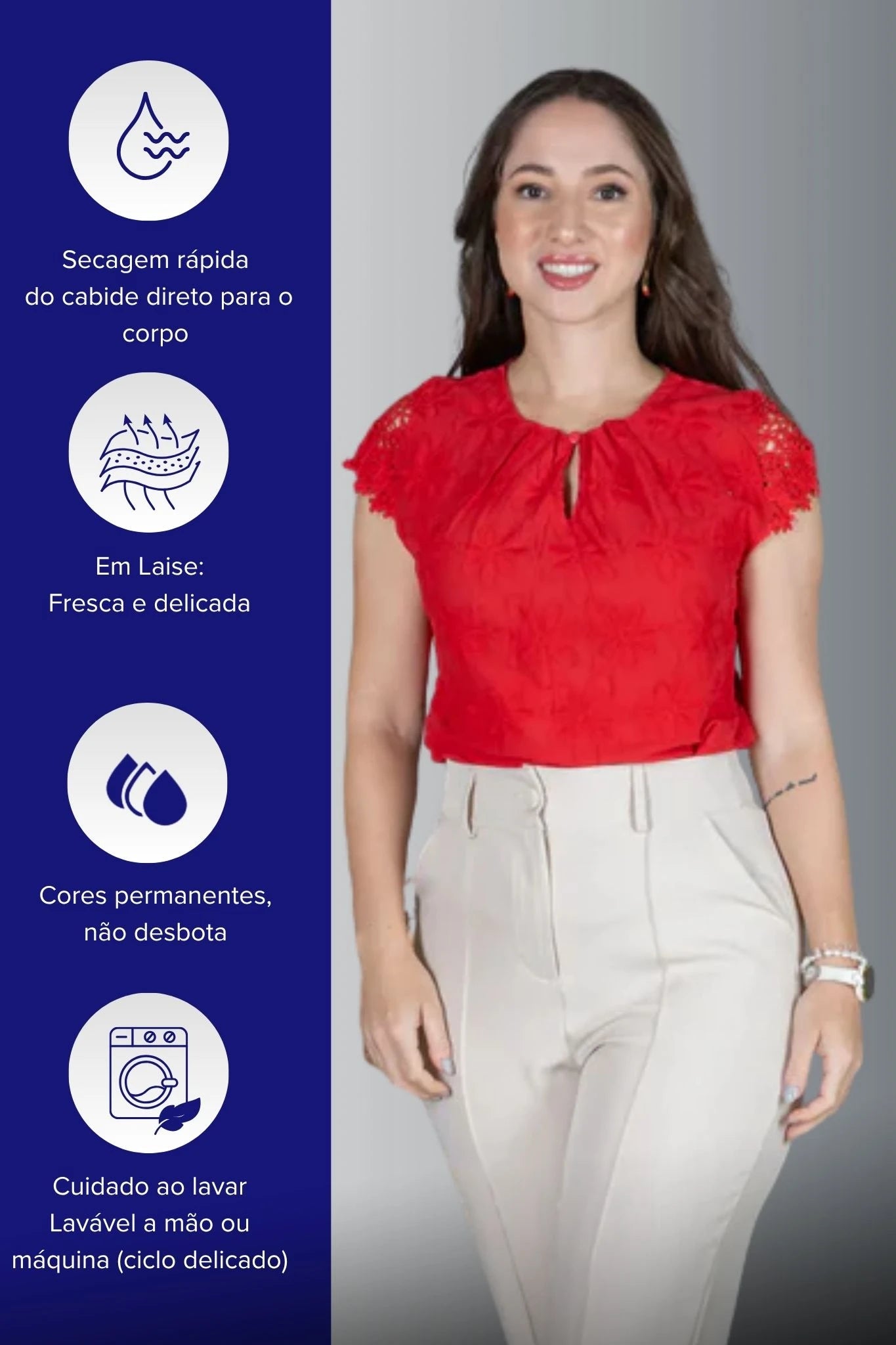 Blusa Manga Curta em Laise com Detalhe em Renda Manuela Vermelha