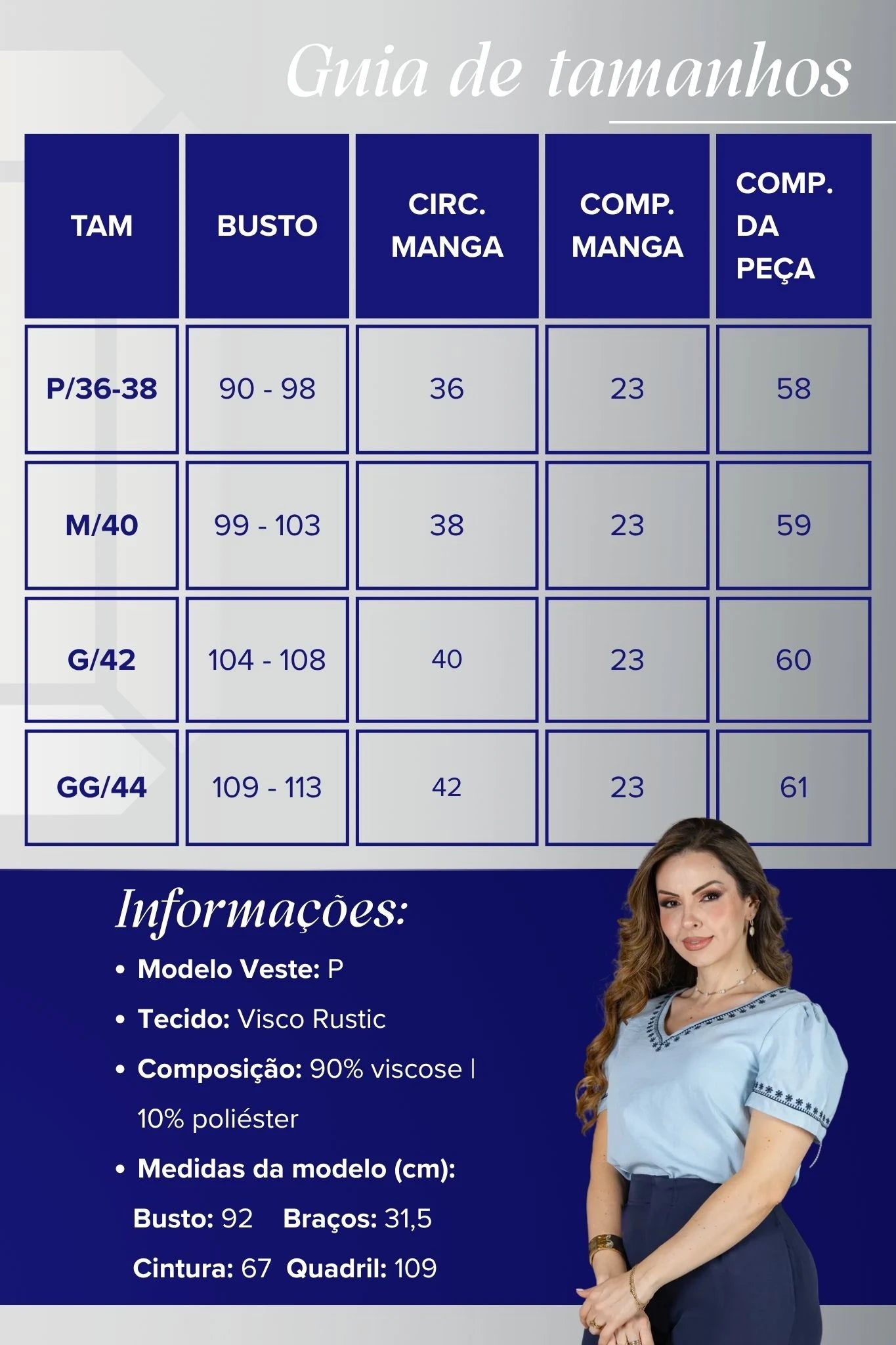 Blusa Manga Curta Decote em "V" Bordado em Visco Rustic Mara Azul