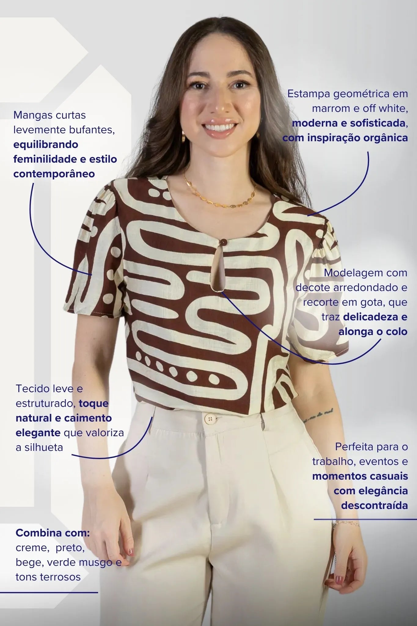 Blusa Manga Curta Detalhe Decote Visco Brise Mel Estampada Marrom