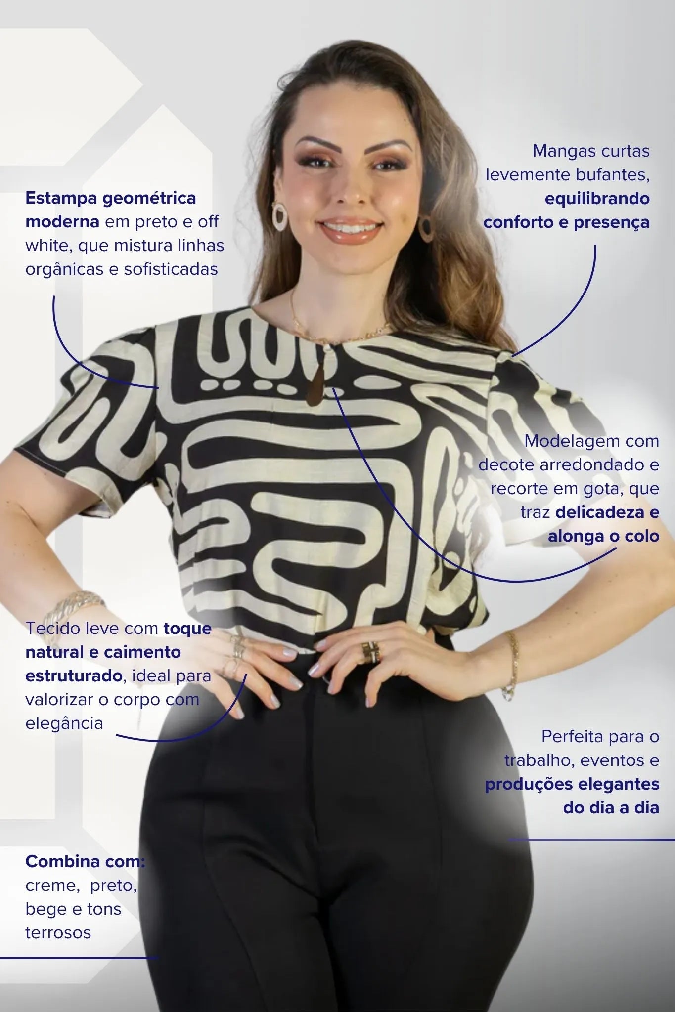 Blusa Manga Curta Detalhe Decote Visco Brise Mel Estampada Preta