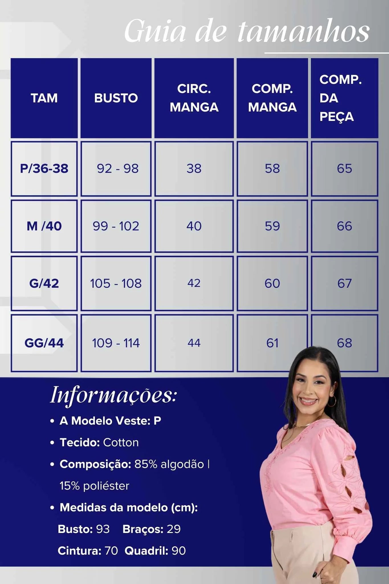 Blusa Manga Longa Decote em "V" em Cotton e Detalhes Vazados Melina Rosa