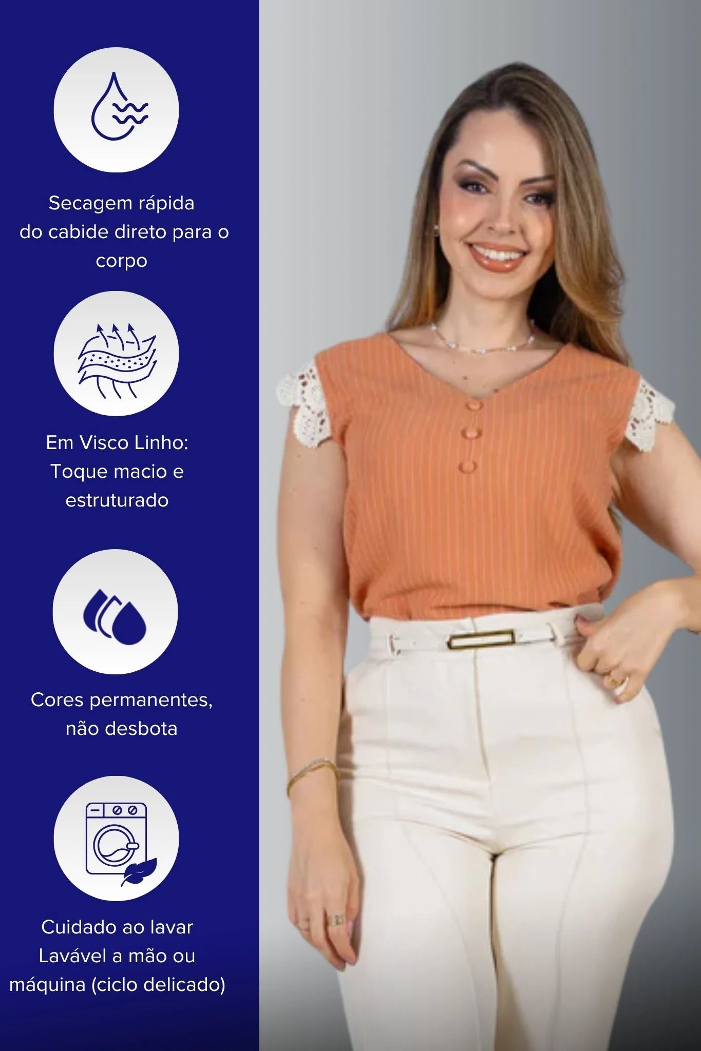 Blusa Regata em Visco-Linho Decote em "V" Detalhe em Renda Melissa Coral