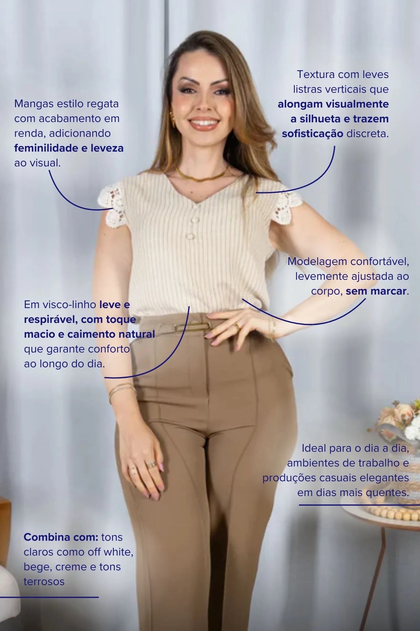 Blusa Regata em Visco-Linho Decote em "V" Detalhe em Renda Melissa Bege