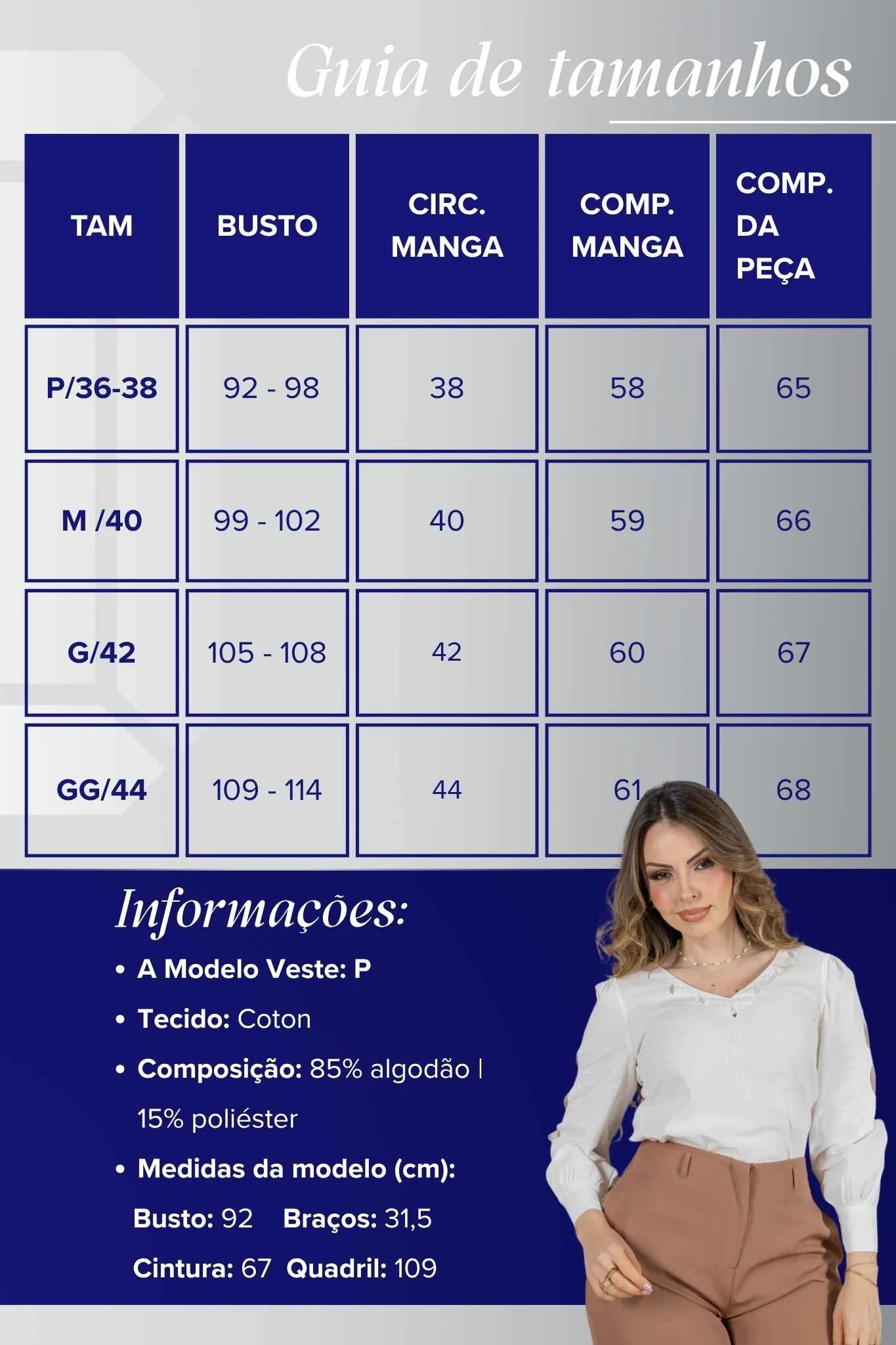 Blusa Manga Longa Decote em "V" em Cotton e Detalhes Vazados Melina Branca
