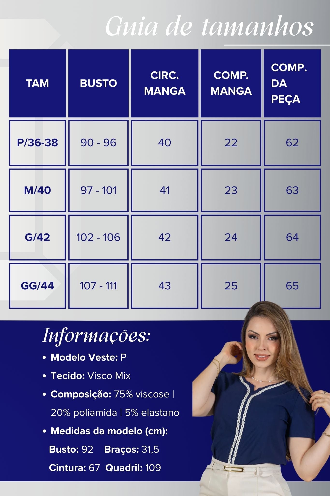 Blusa Manga Curta em Visco Mix Decote em "V" Detalhe Bordado Morgana Azul Marinho
