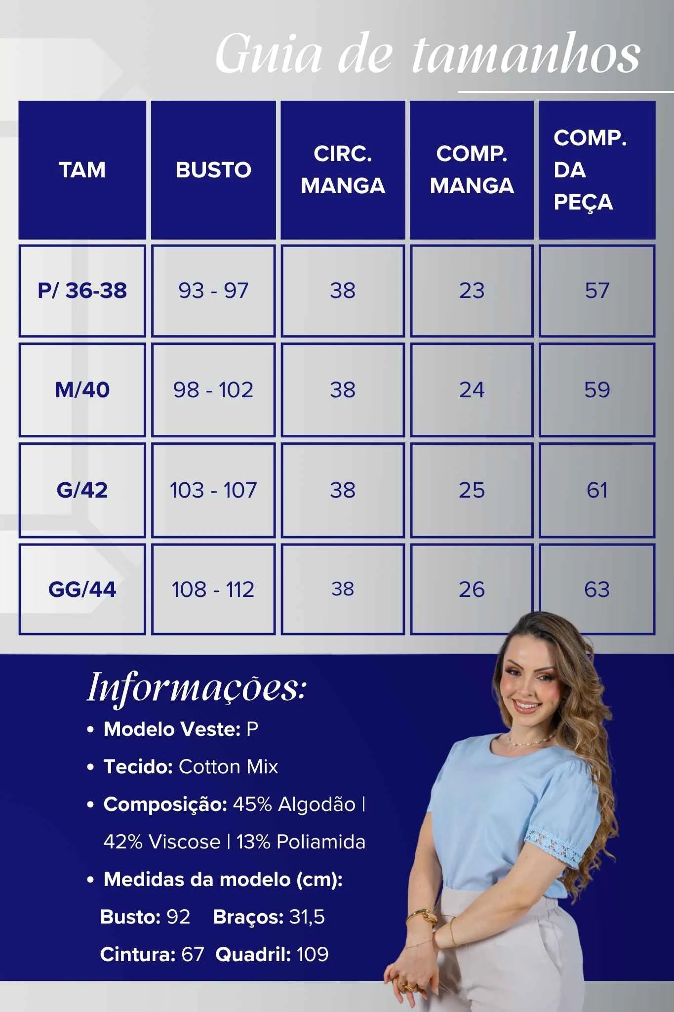 Blusa Manga Curta em Cotton Mix com Detalhe em Crochê Paula Azul