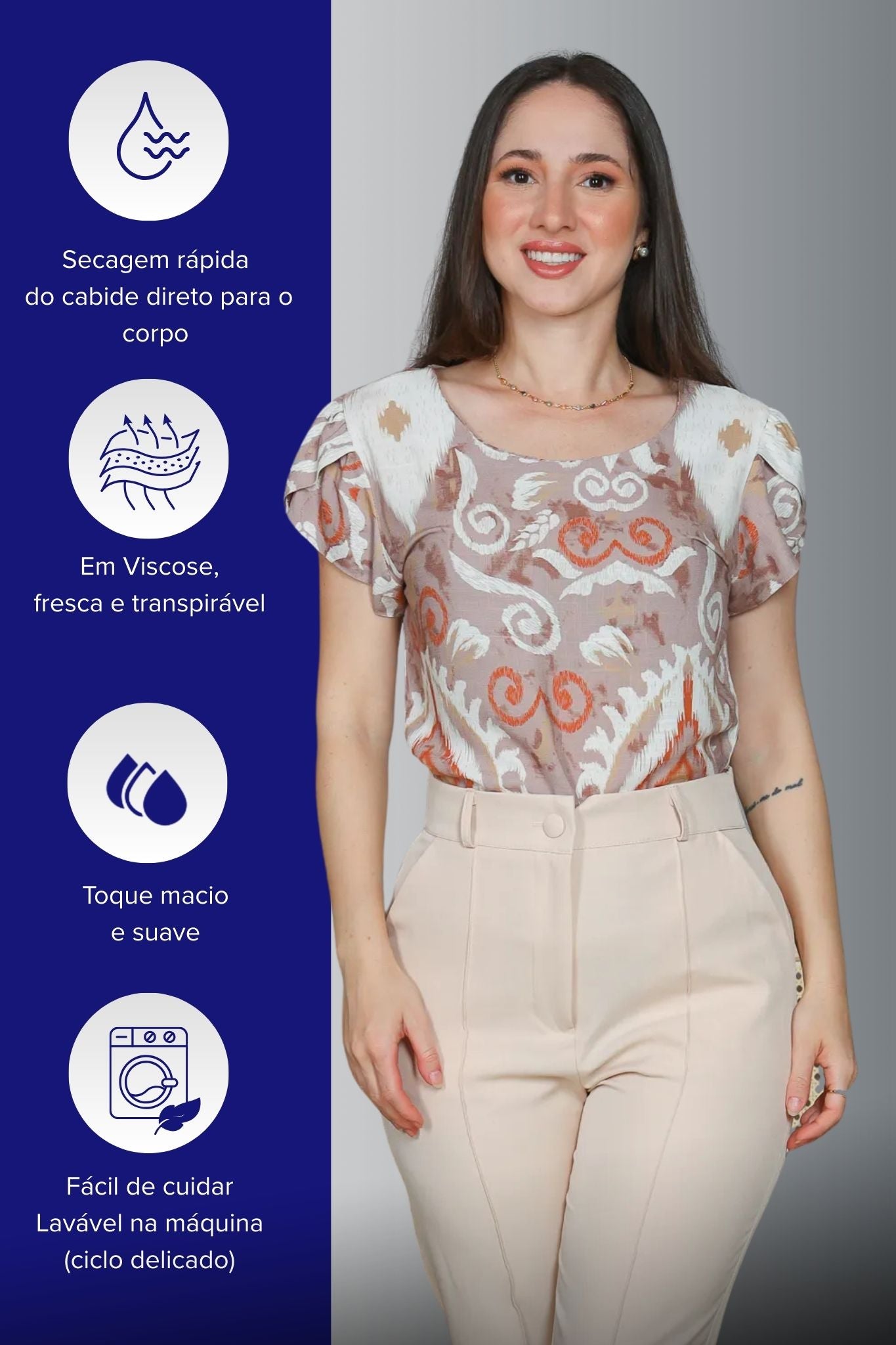 Blusa Manga Curta Transpassada Viscose Regina Estampada Marrom