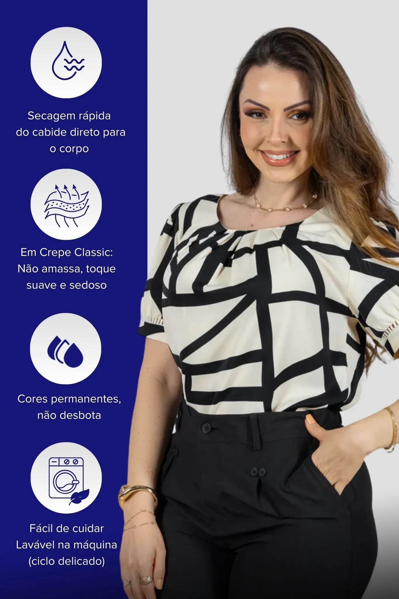 Blusa Manga Curta Detalhe Pregas Colo Crepe Classic Renata Preta