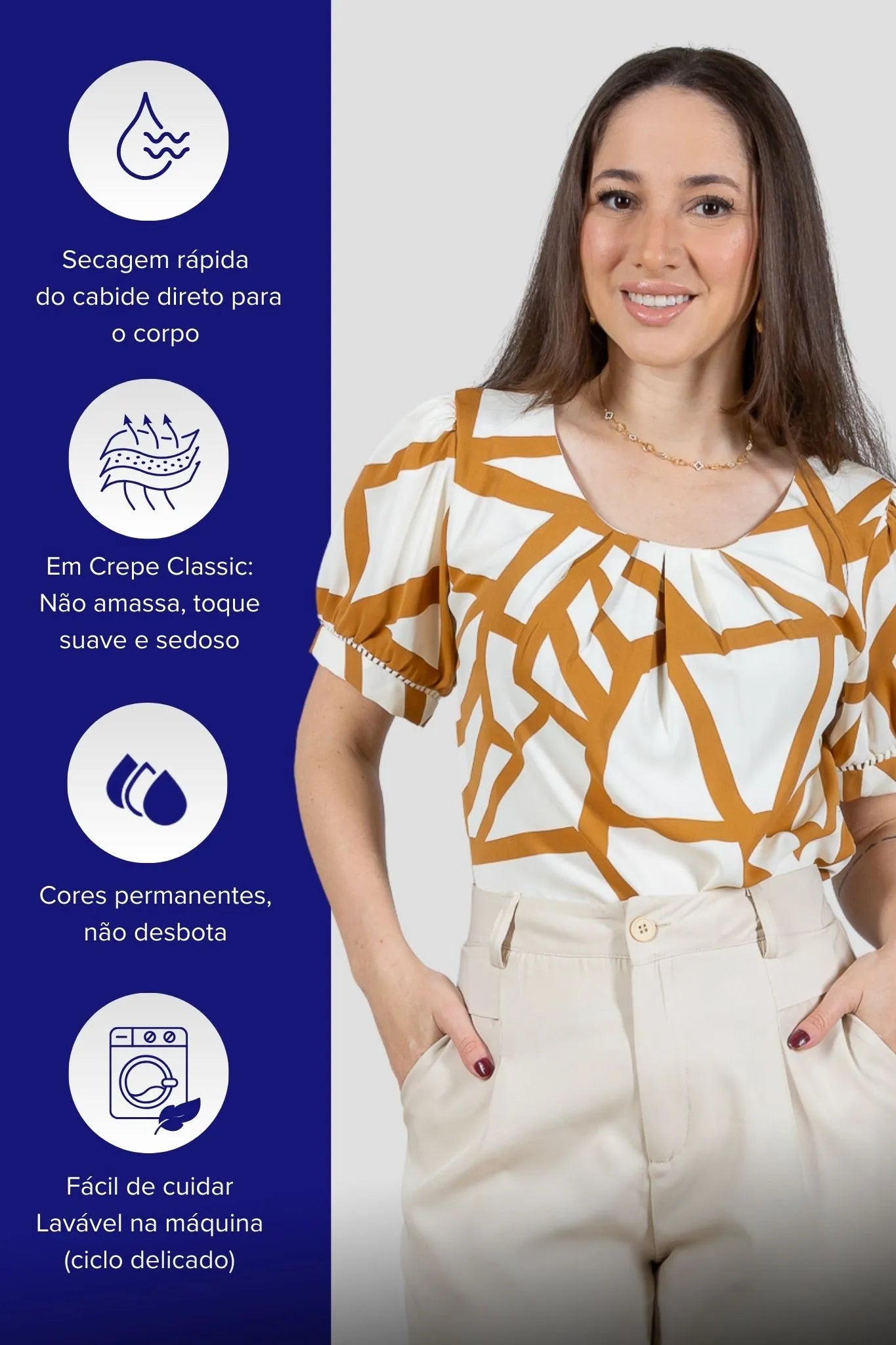 Blusa Manga Curta Detalhe Pregas Colo Crepe Classic Renata Marrom