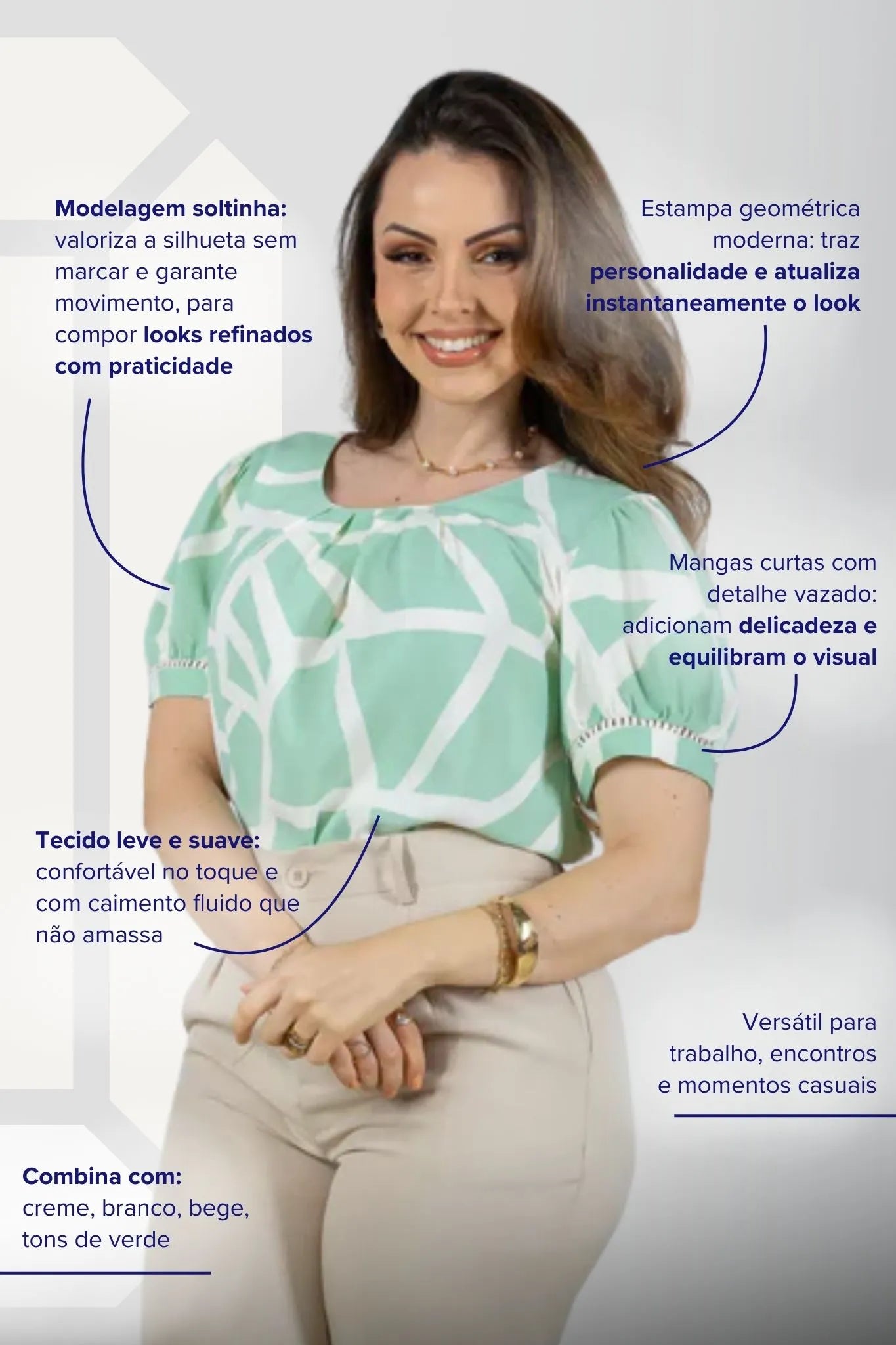 Blusa Manga Curta Detalhe Pregas Colo Crepe Classic Renata Verde