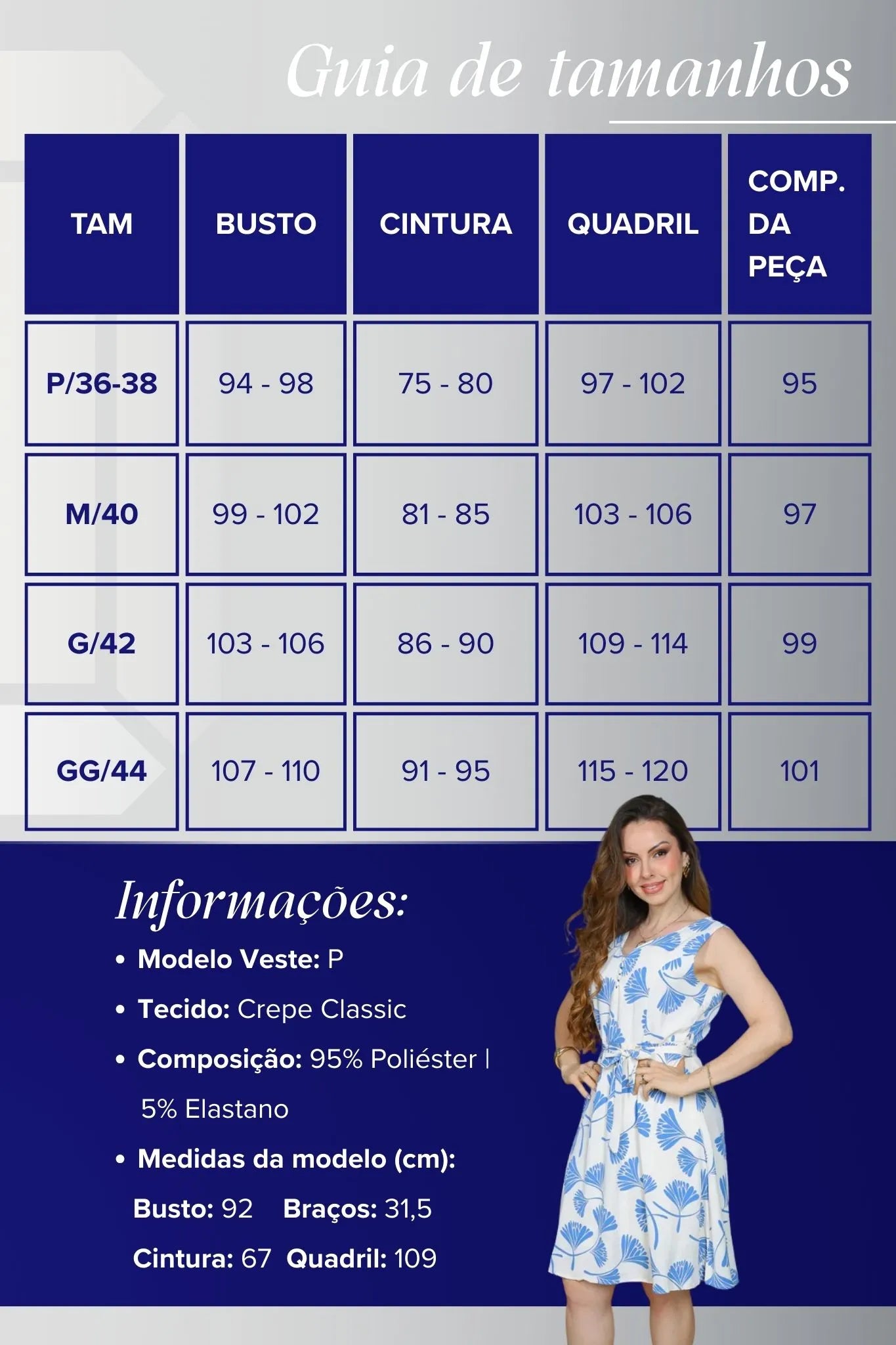 Vestido Regata Decote em "V" Crepe Classic Roberta Estampado Azul