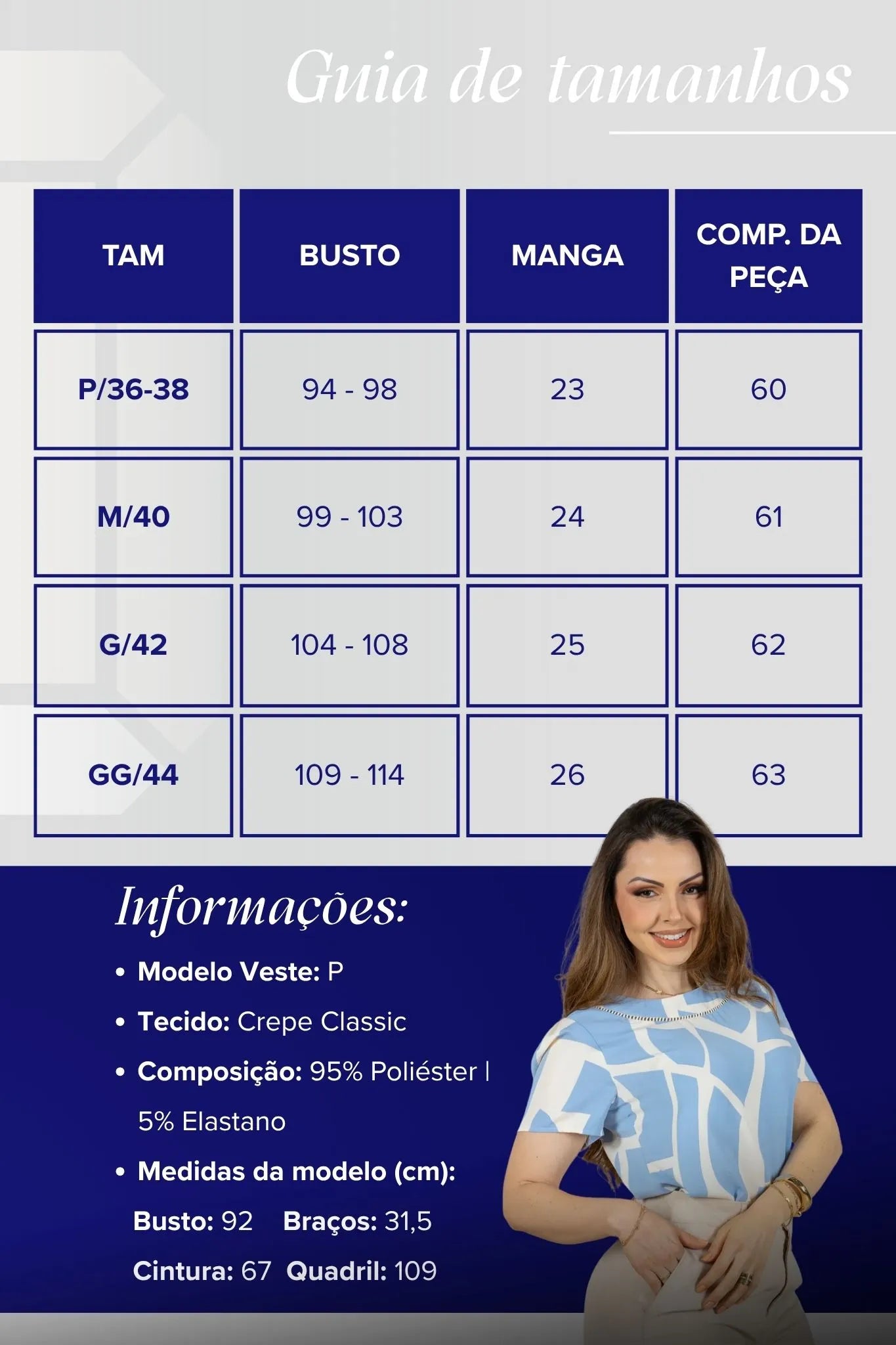 Blusa Manga Curta Estampa Geométrica Crepe Classic Rosana Azul