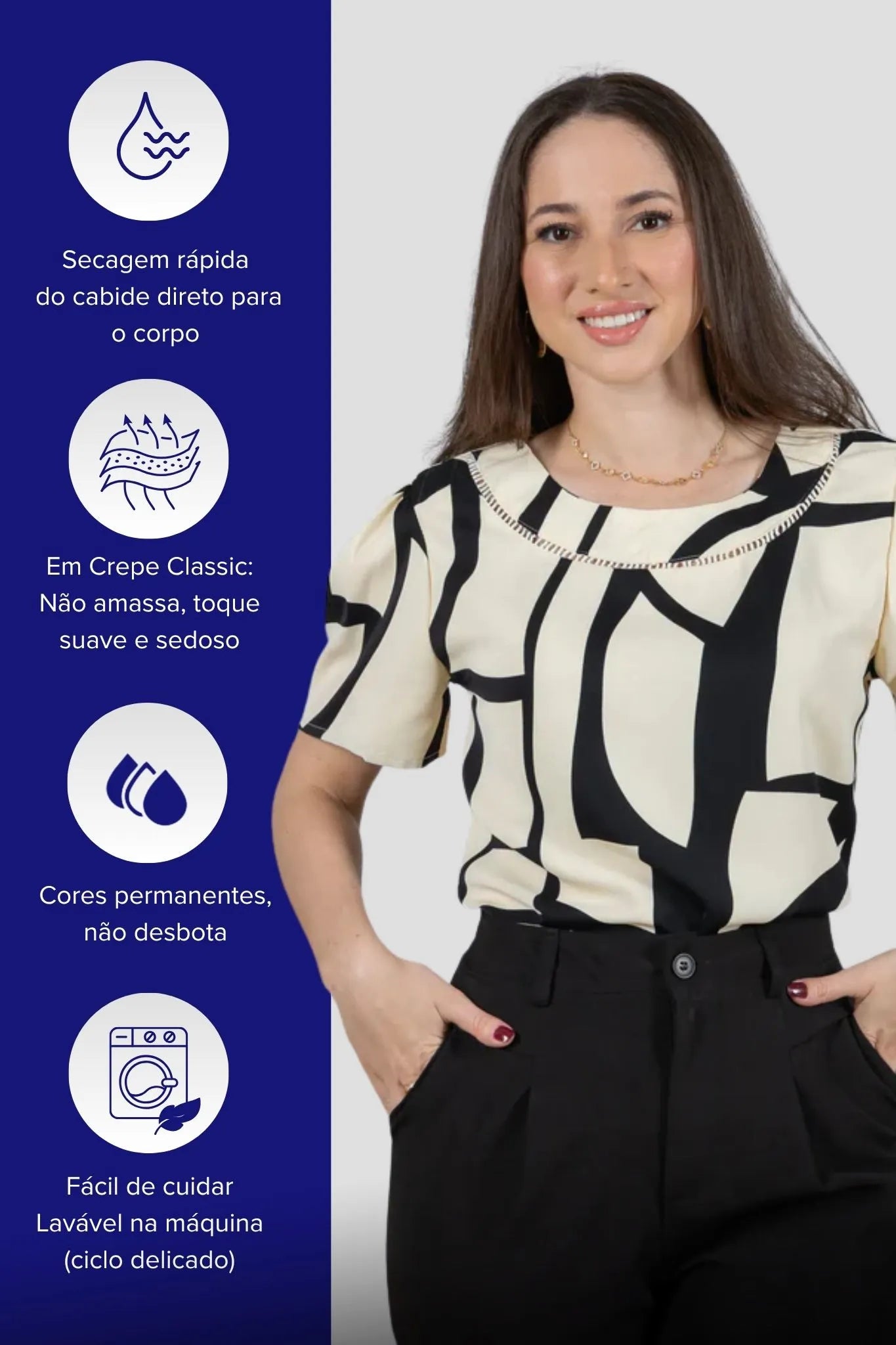Blusa Manga Curta Estampa Geométrica Crepe Classic Rosana Preta