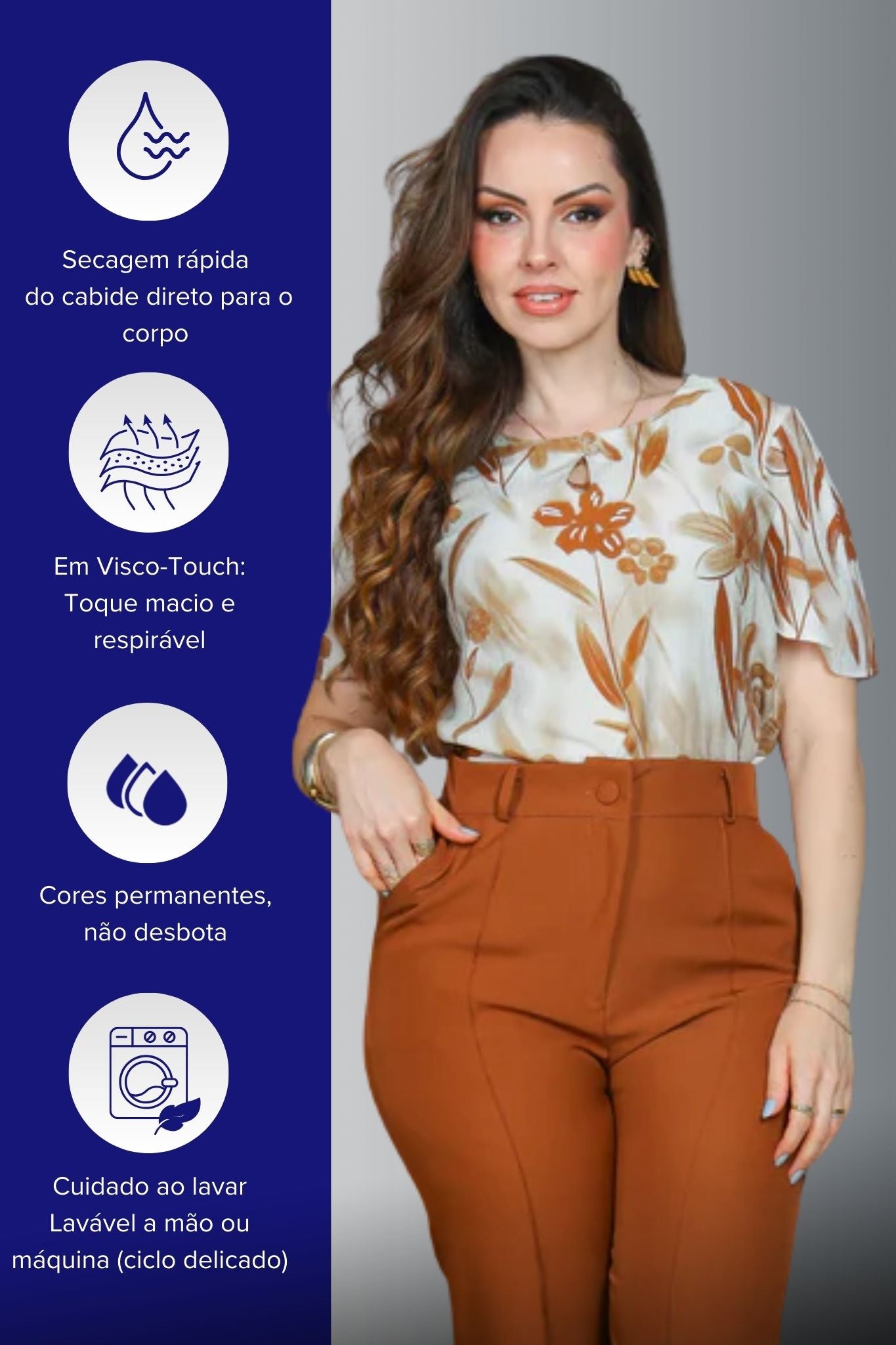 Blusa Manga Curta Visco Touch Estampa Floral Rosângela Marrom